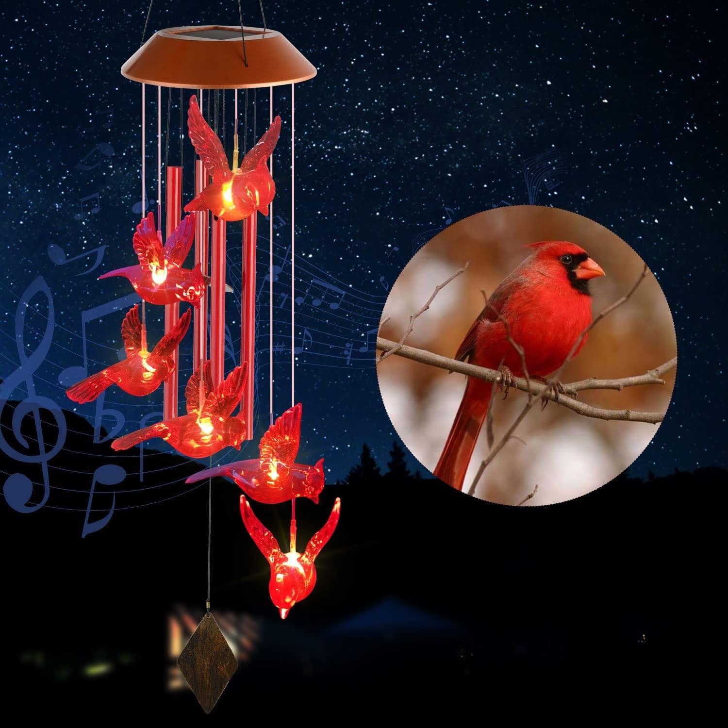 Solar-Powered Cardinal Wind Chimes with Christmas Lights - Perfect Holiday Gift for Women, Mom, Grandma | Gardening Decor, Memorial Gift, Birthday Present | Outdoor Garden, Patio, Porch Decoration