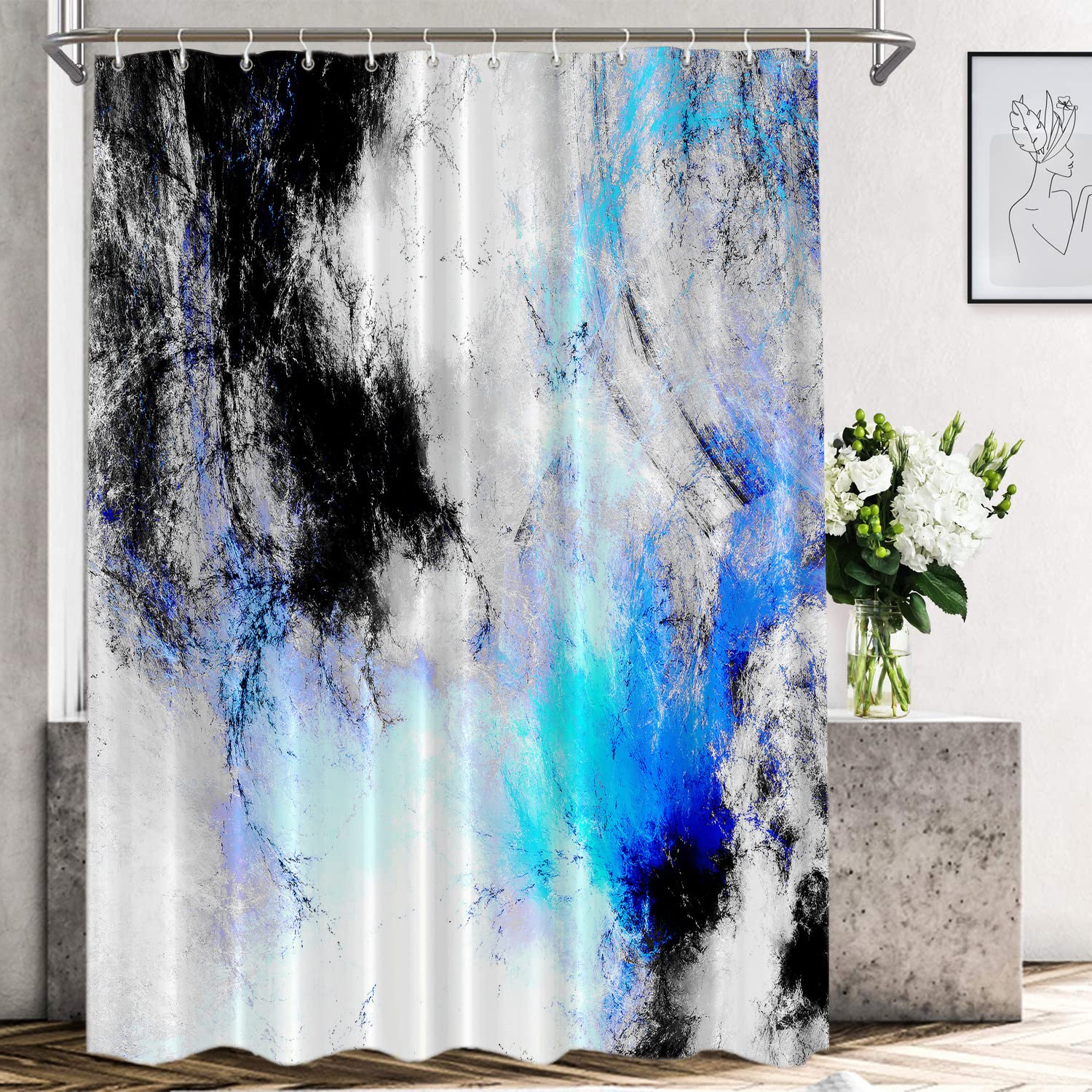 Shrahala Abstract Grey & White Waterproof Shower Curtain with Grommets 72x72 Inch - Modern Fractal Blue Black Grey Bathroom Decor for Shower Stall - Perfect for Contemporary Homes, Apartments & Guest Bathrooms