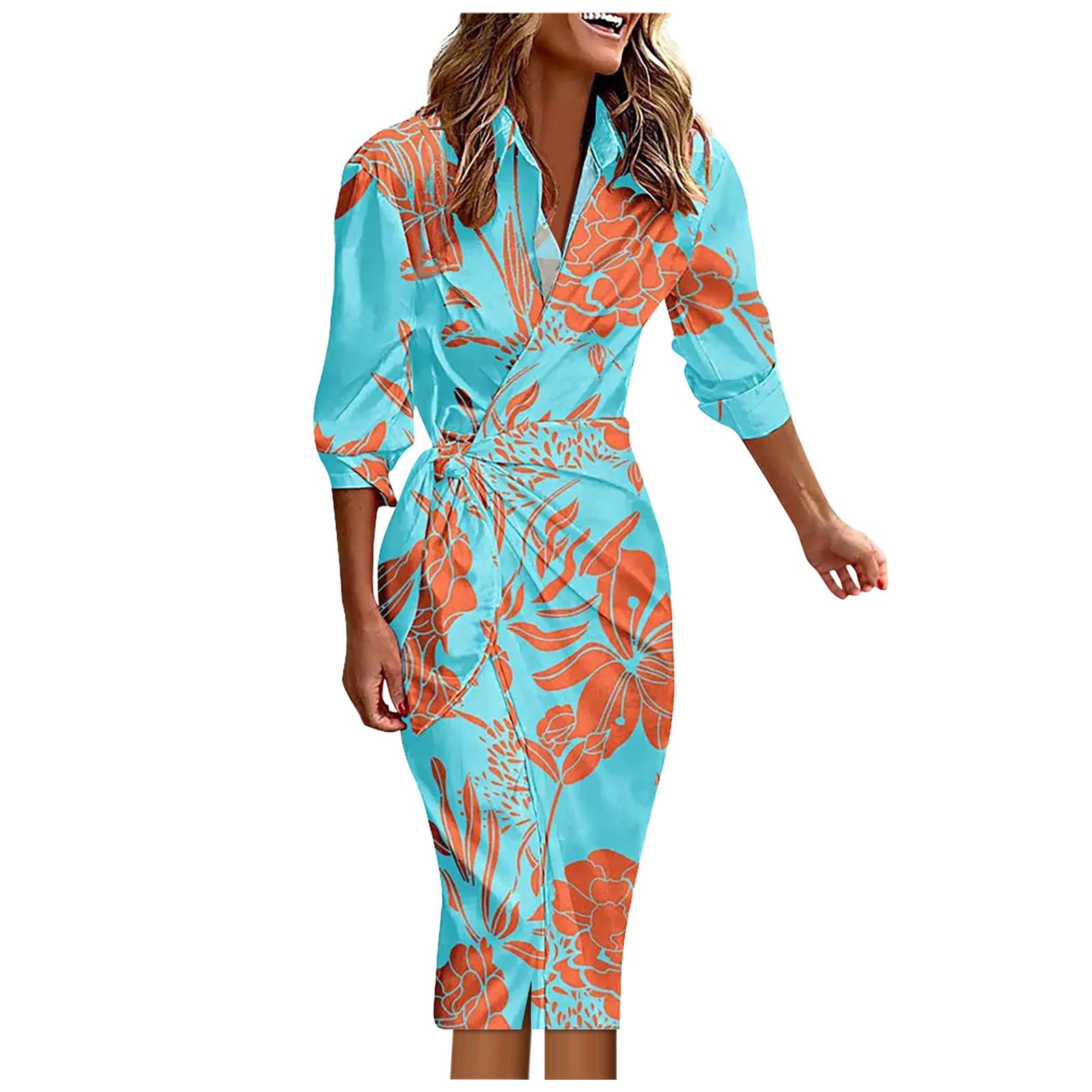 Plus Size Women's Striped Shirt Collar Long Sleeve Tie Waist Midi Dress - Casual Office Wear & Travel Outfits for Curvy Women