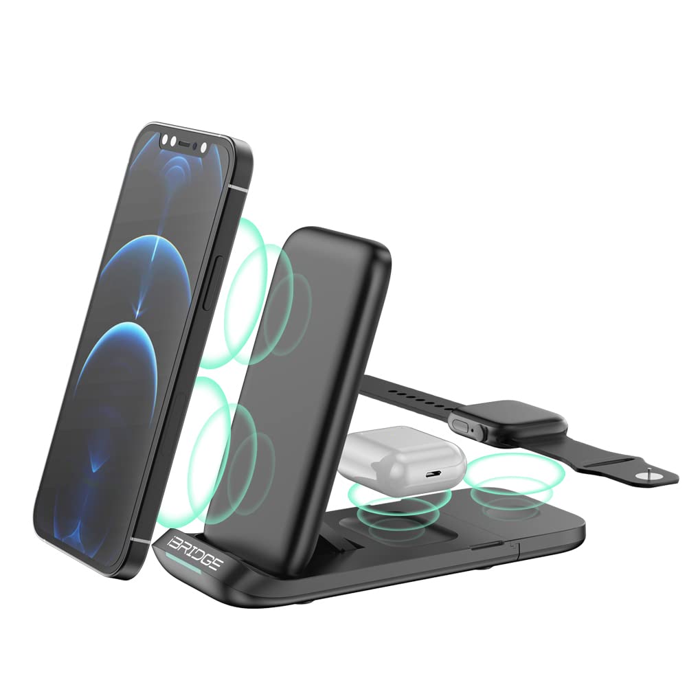 Jinpei 3-in-1 Foldable Wireless Charging Station - 15W Fast Qi-Certified Charger Pad for iPhone 12/11 Pro Max/X/Xs/8/8 Plus, AirPods 2/Pro, Samsung Galaxy & Apple Watch - Perfect for Bedside, Office & Travel (Black)