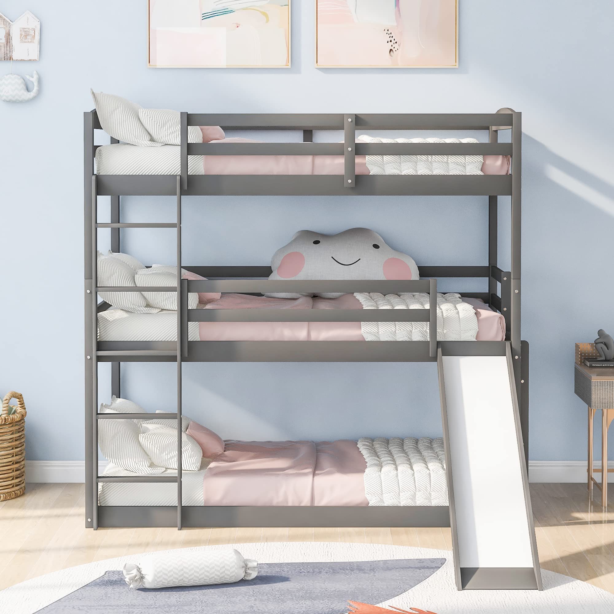 Triple Bunk Bed with Slide - Twin Over Twin Over Twin Wooden Bunk Beds for Kids, Teens & Family - 2 Ladders Included - No Box Spring Needed - Perfect for Shared Bedrooms, Sleepovers & Space-Saving Kids' Rooms