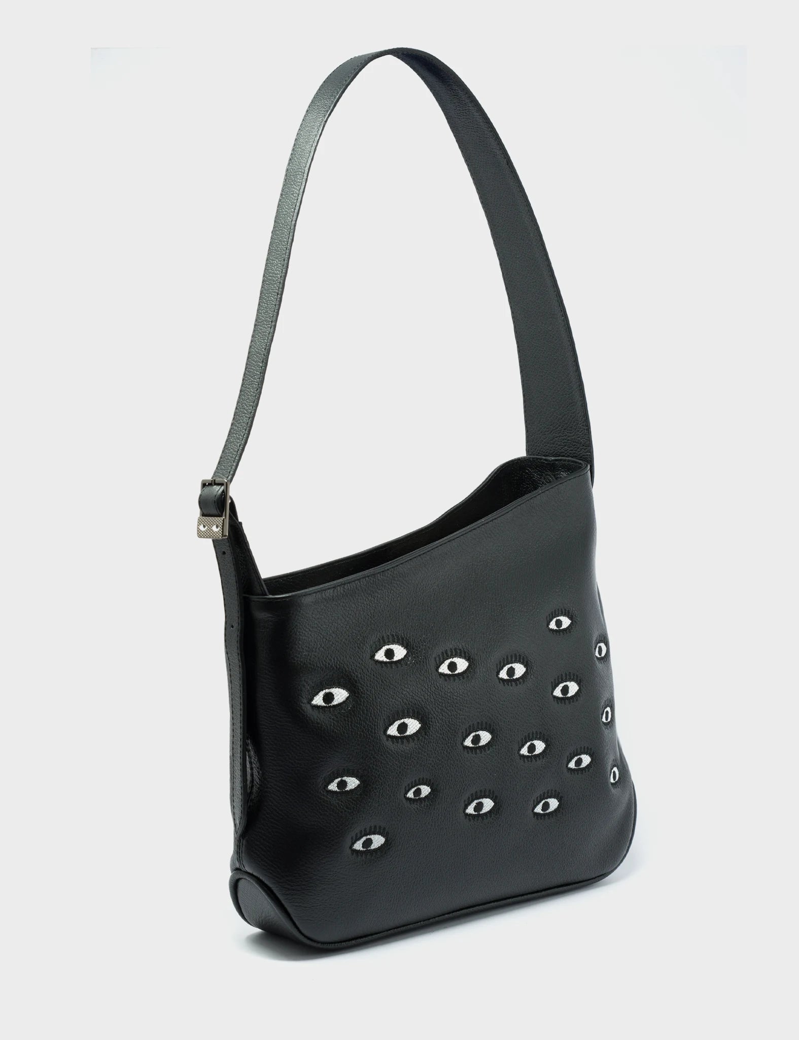 Bruno Hobo Shoulder Bag - Black Genuine Leather with All Over Eyes Embroidery - Perfect for Women's Casual Outfits, Travel & Everyday Use