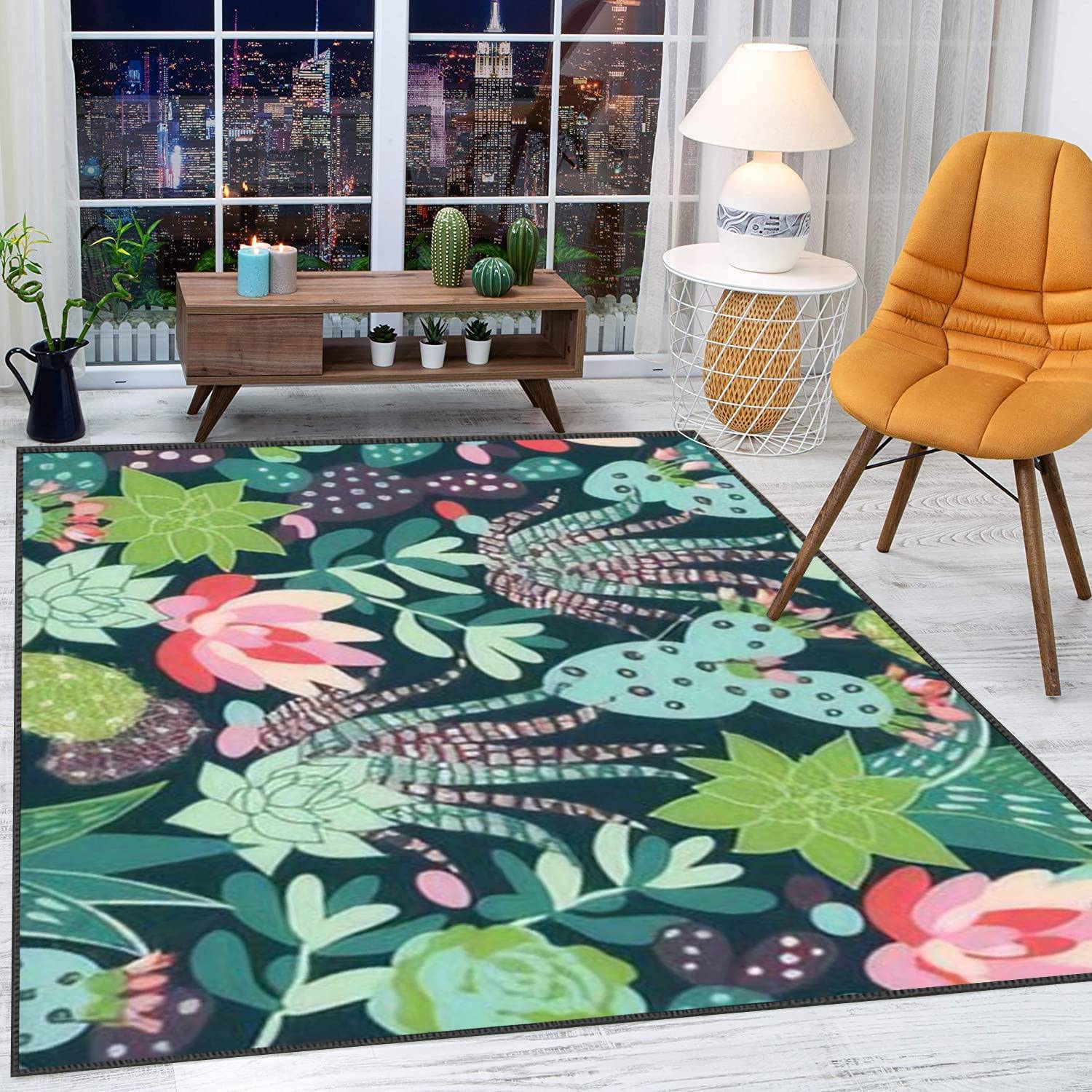 3D Seamless Succulent & Cactus Area Rugs - Modern Non-Slip Home Carpet with Inky Texture for Living Room, Bedroom, Playroom & Classroom Decor - Extra Large Size Yoga Mat Alternative - Perfect for Boho Chic Home Styling and Kids' Play Areas