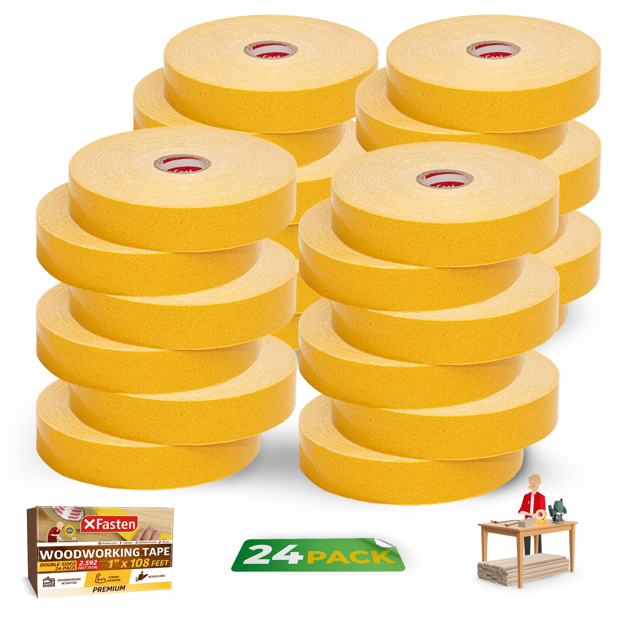 XFasten 24-Pack Double Sided Woodworking Tape - 1 Inch Wide, 2,592 Feet Total - Residue-Free Removable Adhesive for Router Templates & CNC Machines - Perfect for Woodworking Projects, Cabinet Making, and DIY Crafts