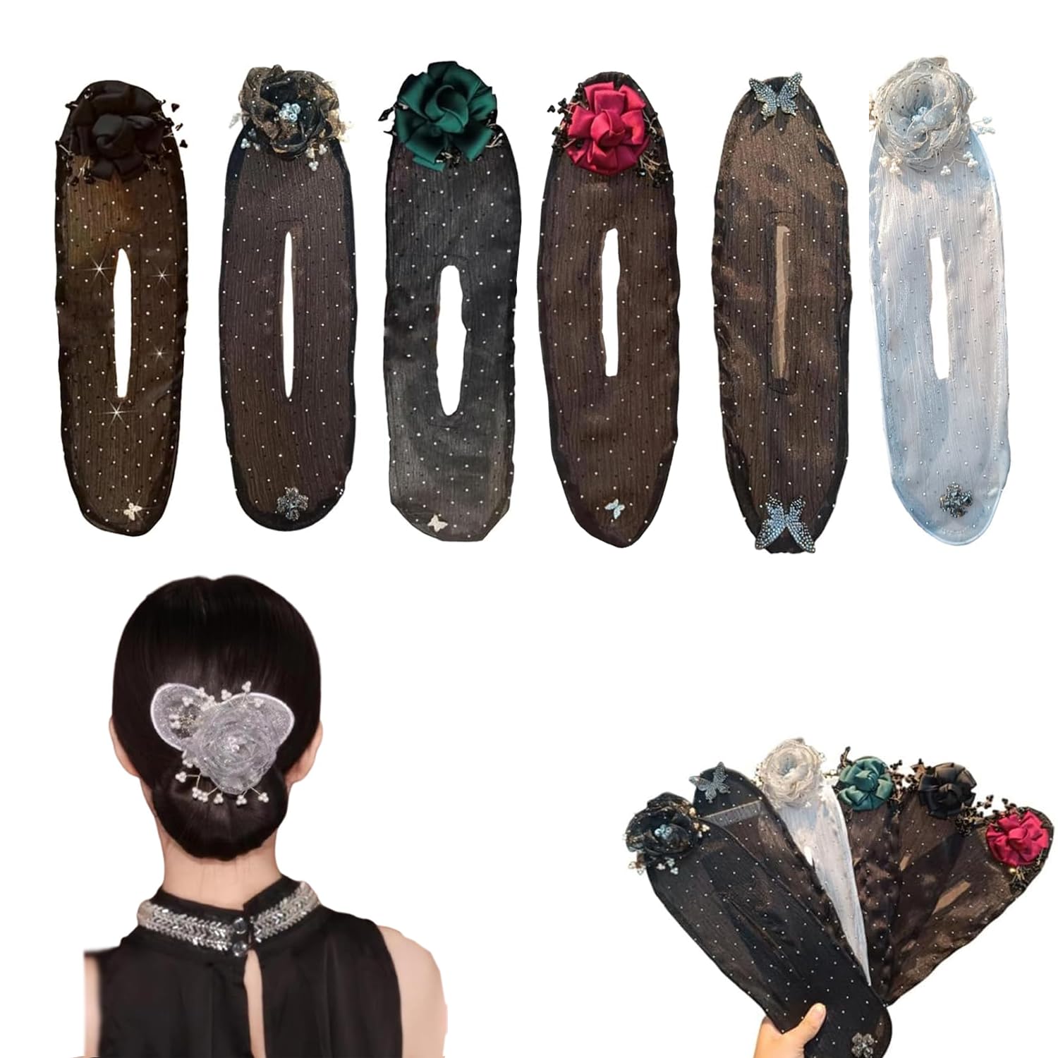 Hand Embroidered Floral Bun Maker Set - 6 Piece Hair Donut for Long Hair, Updos & Ballet Buns - Perfect for Dance, Yoga, Weddings & Everyday Elegant Styles