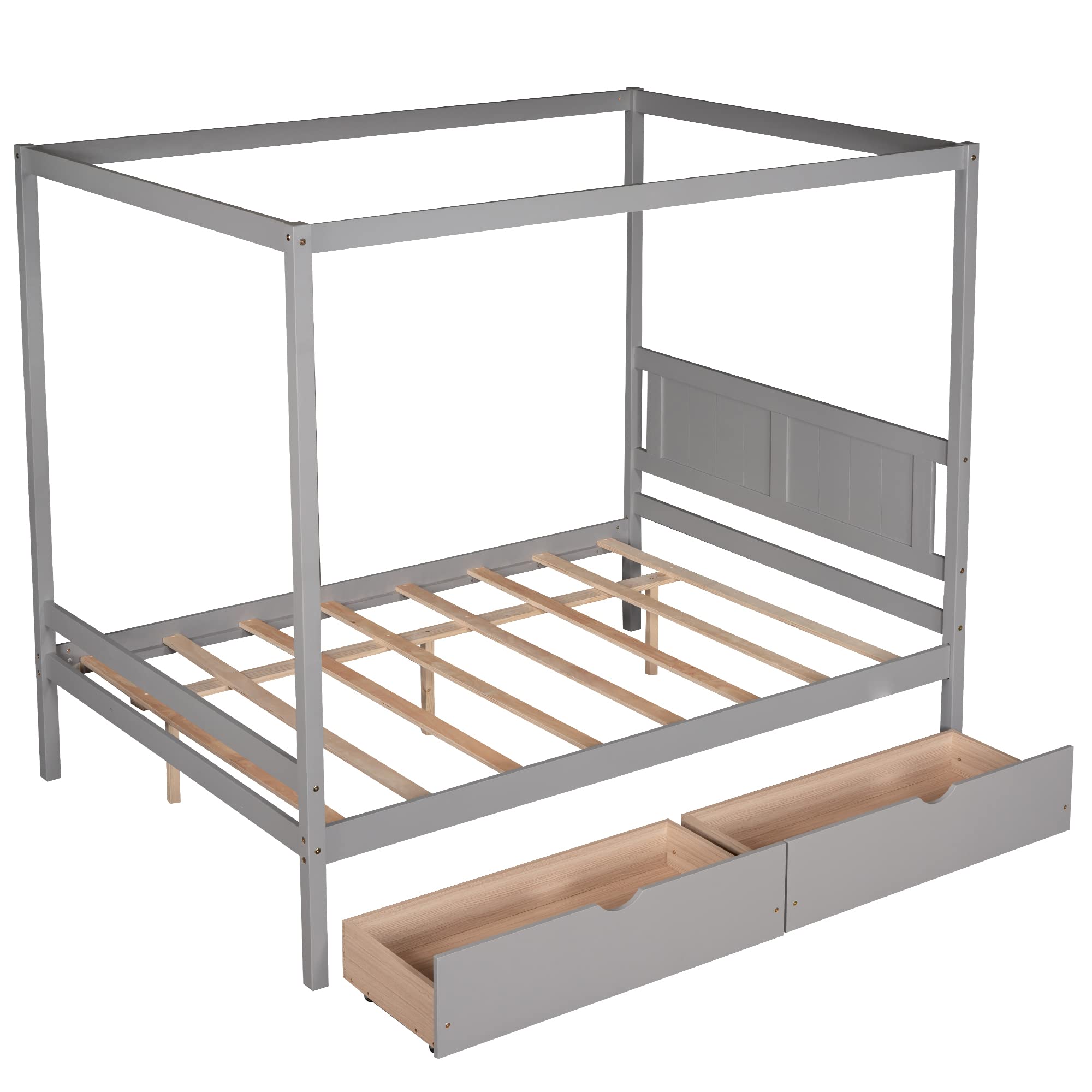 Full Size Canopy Bed with Storage Drawers - Four Poster Platform Bed Frame with Headboard & Footboard, No Box Spring Required - Perfect for Master Bedroom, Guest Room & Cozy Bedroom Decor