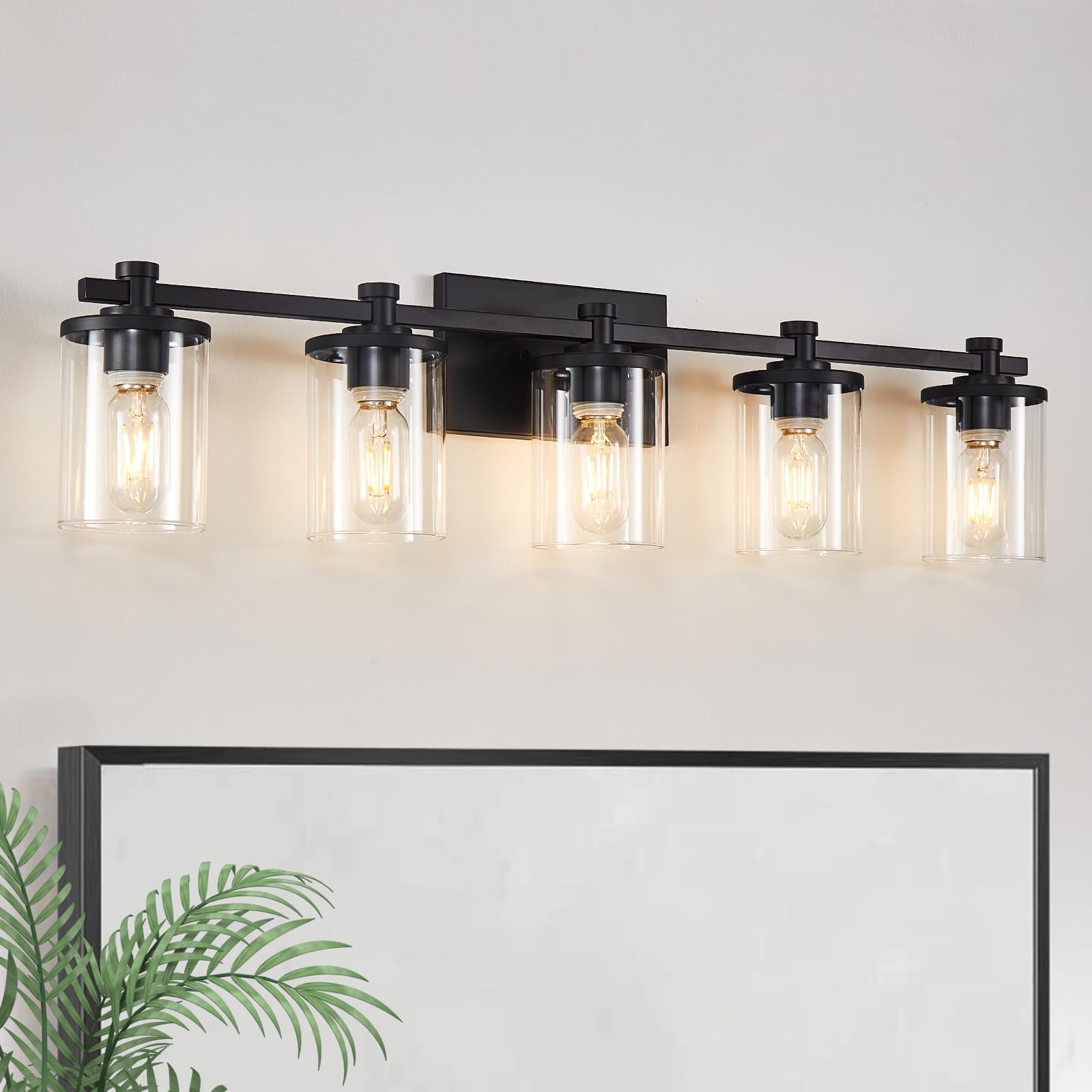 5-Lights Bathroom Vanity Light Fixture with Clear Glass Shade, E26 Base 40W Matte Black - Perfect for Bathroom Mirror Lighting, Bedroom, Hallway & Living Room Wall Sconces