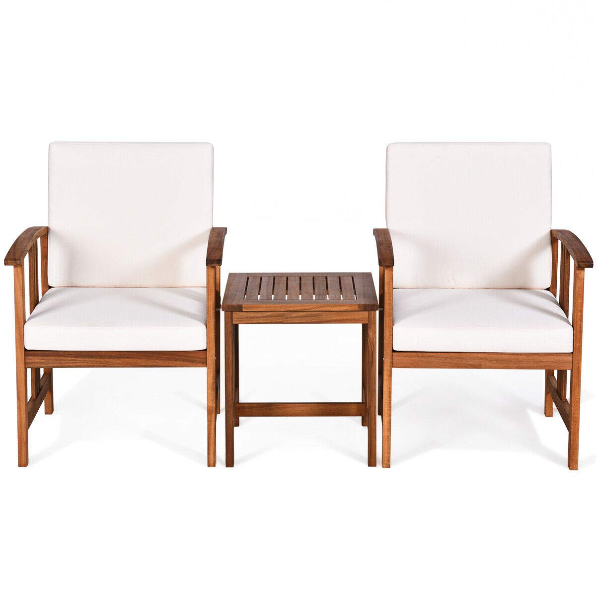 UMTEC 3-Piece Acacia Wood Patio Furniture Set - Outdoor Conversation Table & Chairs with Waterproof Cushions (White) - Perfect for Backyard, Garden, Poolside & Patio Relaxation