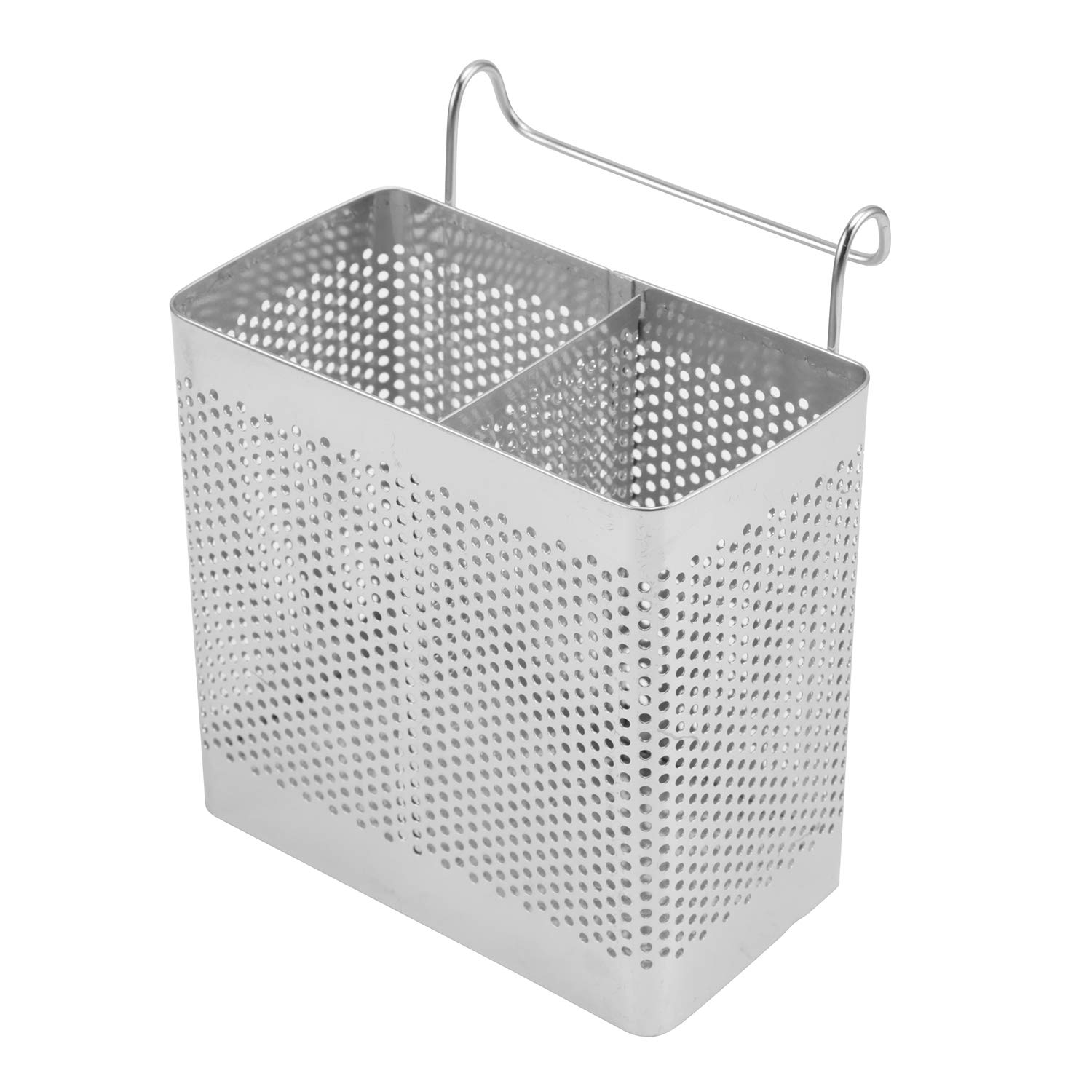 Stainless Steel Cutlery Holder with Hooks - 2 Compartment Square Drying Rack for Spoons, Forks, Chopsticks & Kitchen Utensils - Perfect for Sink Organizer, Countertop Storage & Dish Drying Station
