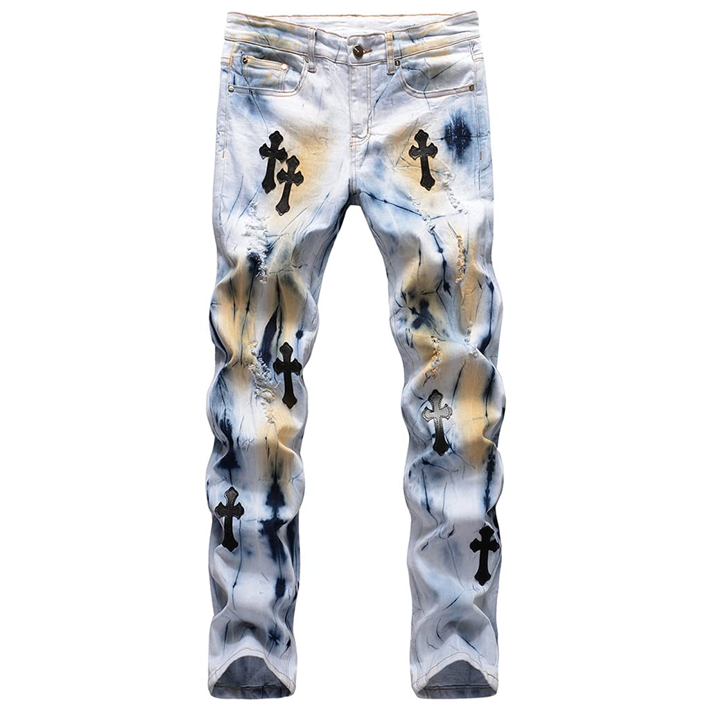 ZYKBB Men's Slim Straight Stretch Denim Jeans - Black Cross Patchwork Ripped Design (Size 28) | Comfortable & Stylish for Casual Wear, Street Fashion & Night Out
