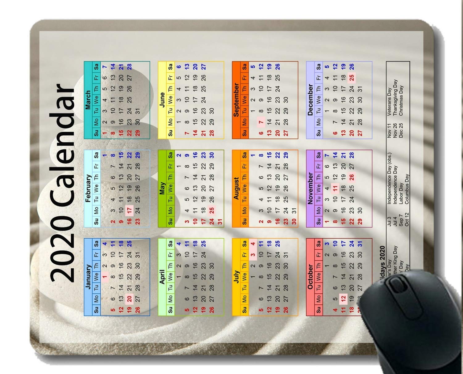 2024 Gaming Mouse Pad with Calendar & Important Holidays - Sand Stone Zen Design for Office & Home Use