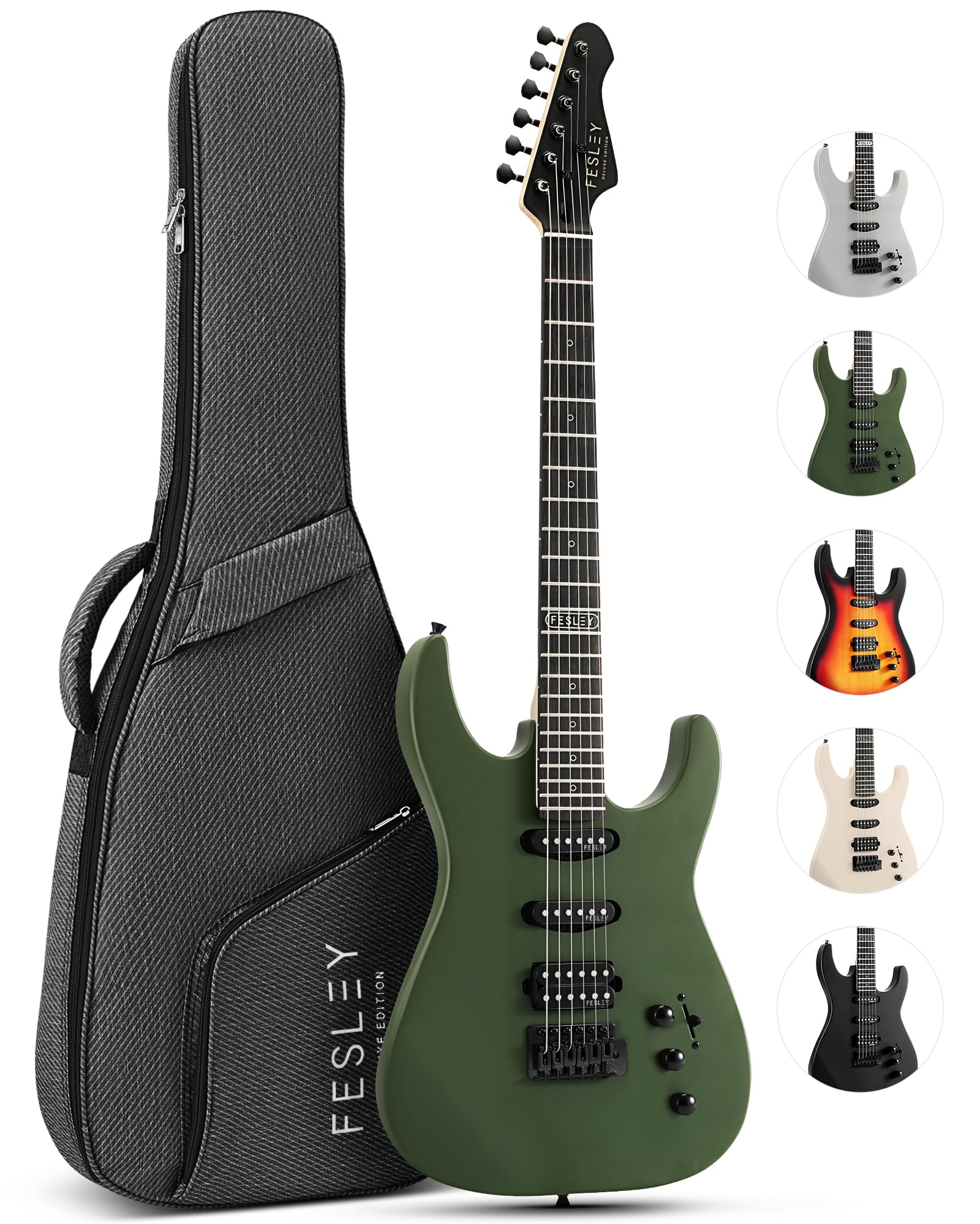 Fesley 39 inch Electric Guitar Kit with HSS Pickups - ST Style 6 String Guitar for Beginners, Poplar Solid Body & Maple Neck, Includes Gig Bag (FST400M, Green) - Perfect for Home Practice, Studio Recording & Live Performances