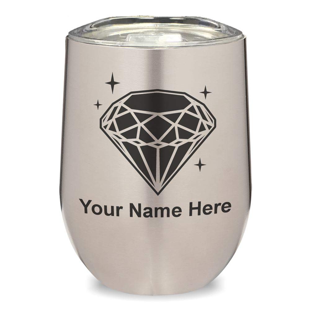 LaserGram Double Wall Stainless Steel Wine Glass Tumbler - Diamond Design, Personalized Engraving, Insulated Cup for Hot & Cold Drinks - Perfect for Parties, Weddings, and Gifts