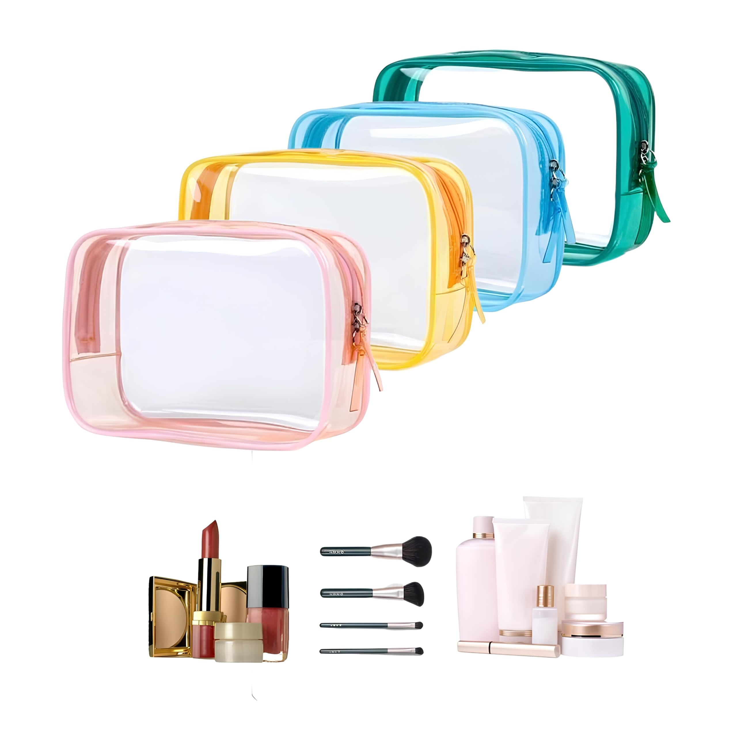 TSA Approved Clear Toiletry Bags for Travel - 4 Pack Leakproof Makeup & Cosmetic Organizer Set with Zipper | Multi-Color Carry-On Essentials for Airplane, Gym & Vacation (A-Color Series)
