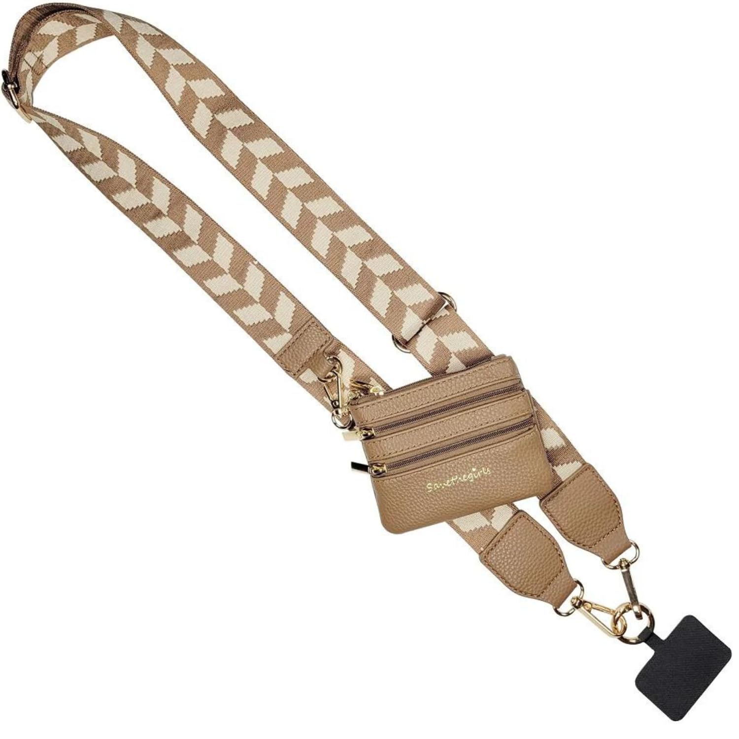 Original Clip and Go Phone Strap (Brown/Cream Chevron) - Crossbody Phone Lanyard with Zippered Wallet Pouch - Stylish and Functional Phone Accessory for Travel, Shopping, and Everyday Use