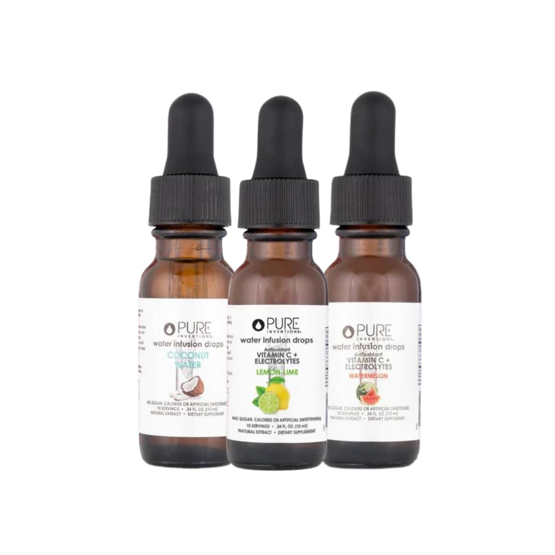 Pure Inventions Coconut Water, Watermelon & Lemon Lime Trio - Sugar-Free Water Infusion Drops with Zero Calories - 12 Servings Each in Deluxe Sampler Pack | Perfect for Hydration, Detox & Flavoring Water at Home, Gym or Office