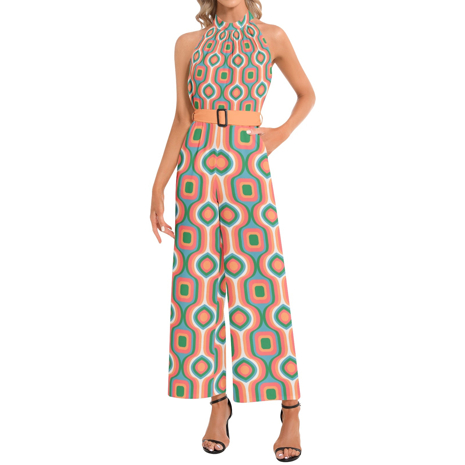 Vintage Retro Halter Neck Jumpsuit with Buckle Belt - 70s Inspired Fashion for Women | Perfect for Parties, Festivals & Casual Wear
