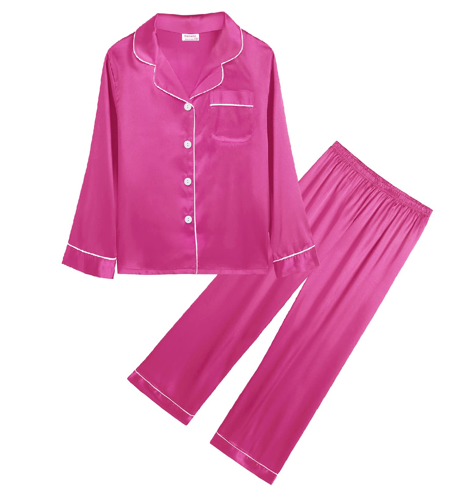 SWOMOG Kids Silk Satin Pajama Set for Girls & Boys - Soft Button-Down 2-Piece Sleepwear with Long Sleeves (White) - Perfect for Bedtime, Lounging & Family Matching Pajama Nights
