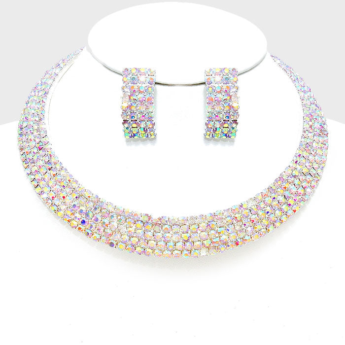 Five Row AB Crystal Rhinestone Choker and Earrings Set - Sparkling Jewelry for Women | Perfect for Parties, Weddings, and Special Occasions