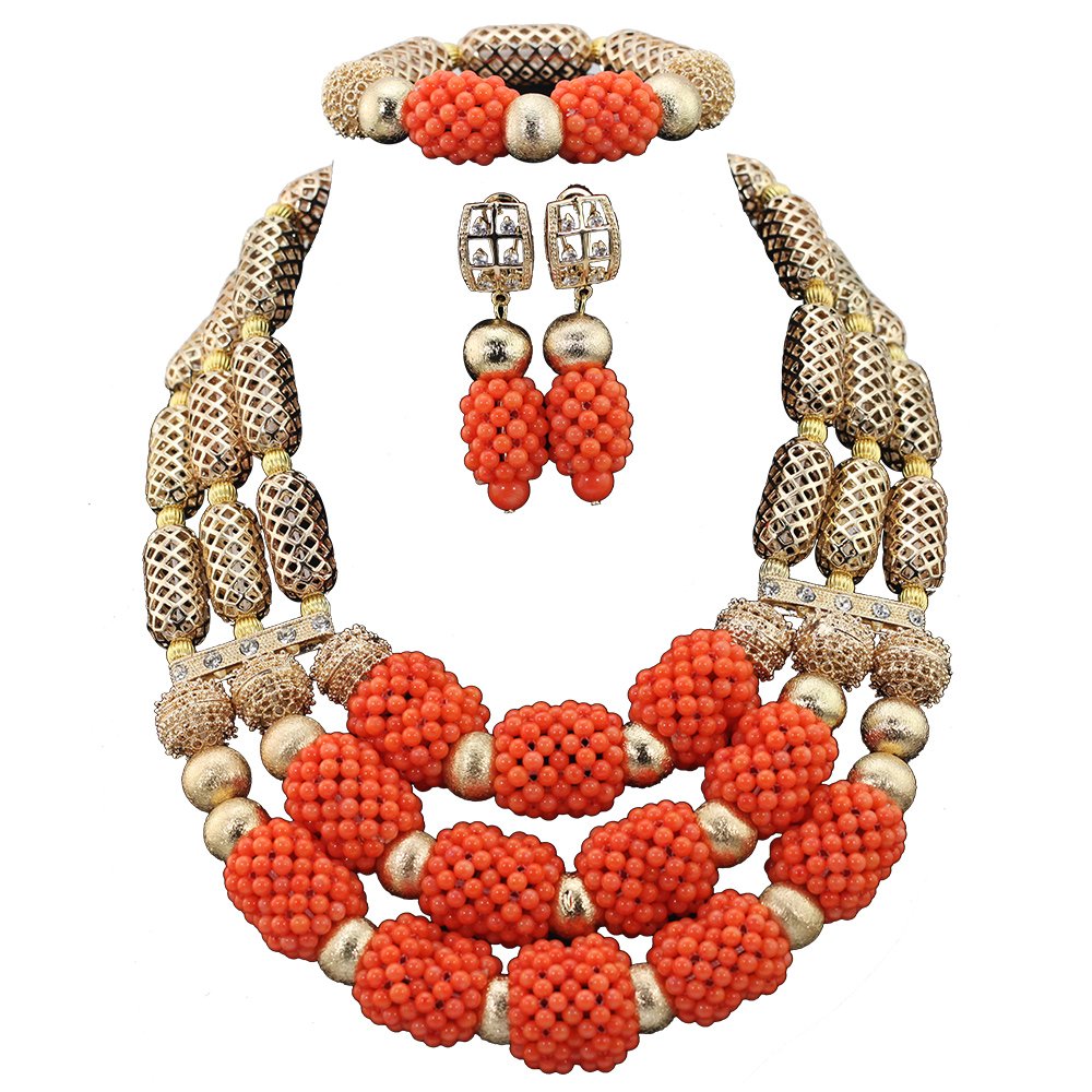 Red Beads Statement Necklace Set for Women | African Nigerian Wedding Jewelry | Dubai Gold Beaded Necklace for Bridal, Party & Special Occasions