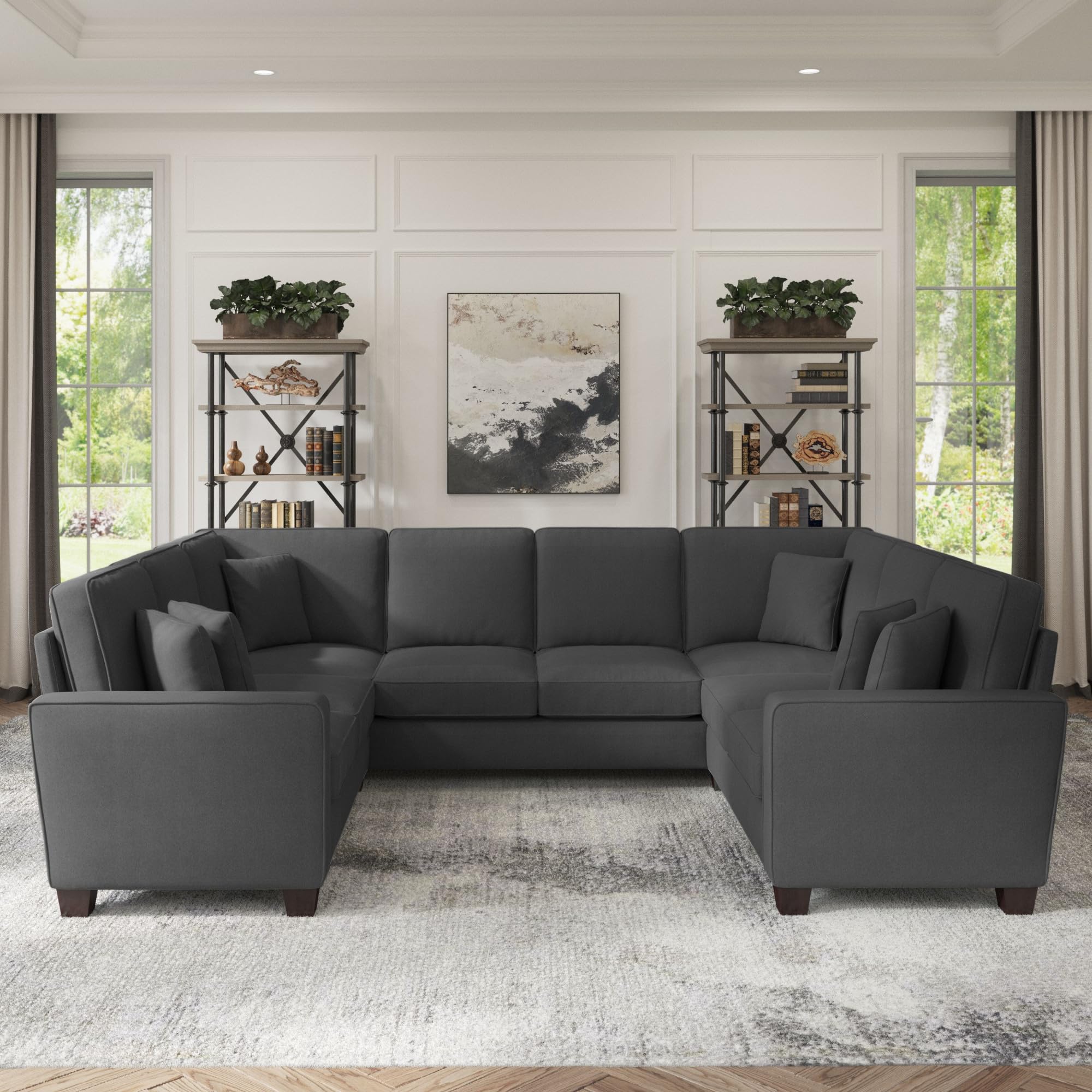 Bush Furniture 113 Inch U-Shaped Sectional Sofa - Modern Living Room Couch with Pet-Friendly Fabric, Stockton Collection in Charcoal Gray Herringbone | Perfect for Family Gatherings & Home Theater Seating