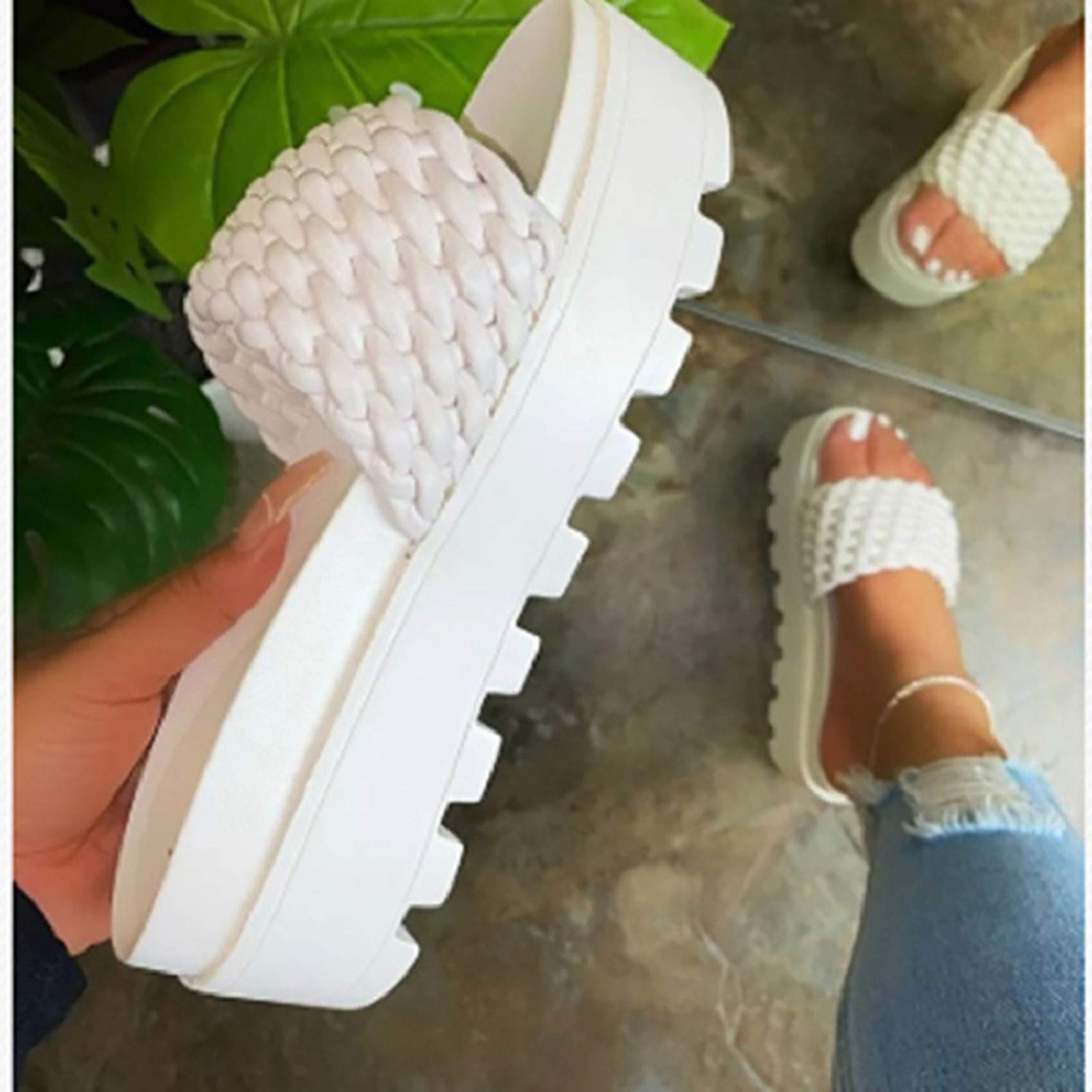 Women's Fashion Platform Slippers - Woven Strap Leather Sandals for Summer, Beach & Outdoor Wear - White Size 37 | Comfortable House Shoes for Women, Casual Walking & Vacation Use