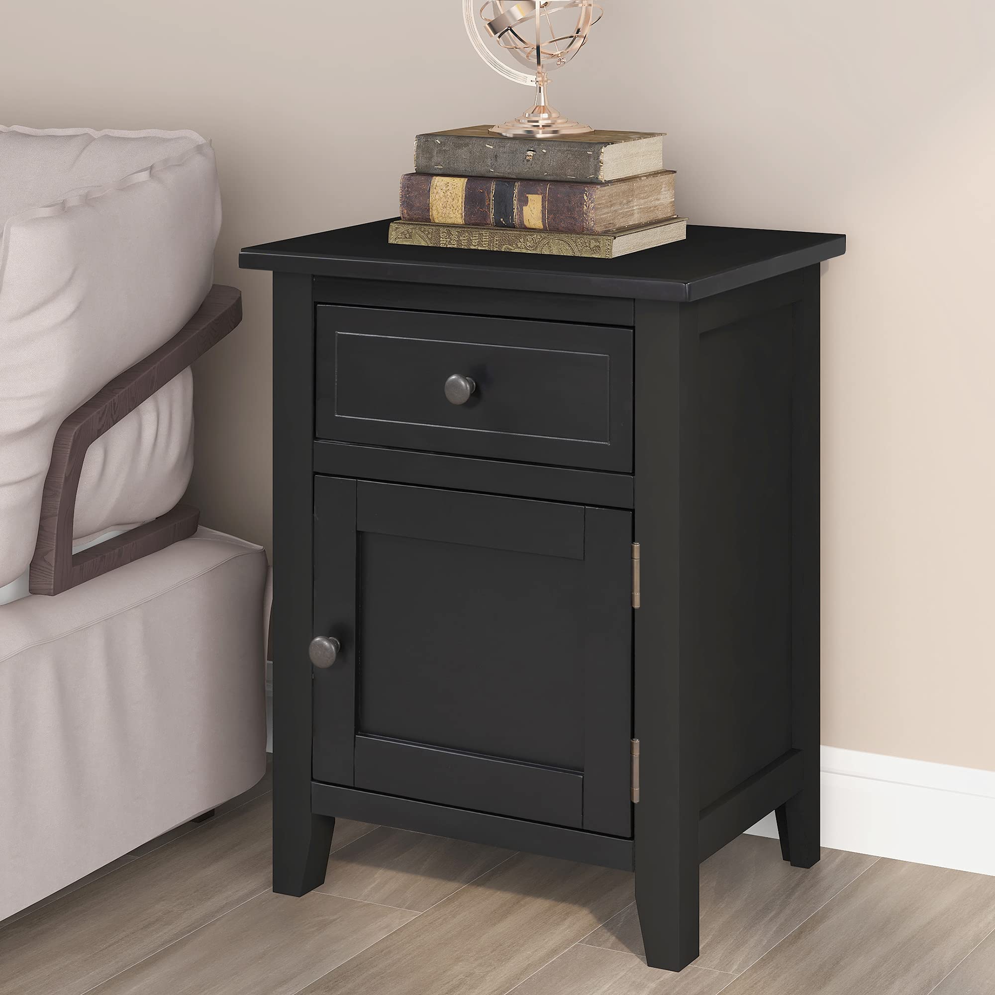 Modern Wooden Nightstand with Storage Drawer - Solid Black End Table for Bedroom, Living Room & Sofa - Versatile Square Coffee Table with Cabinet for Home Decor & Organization