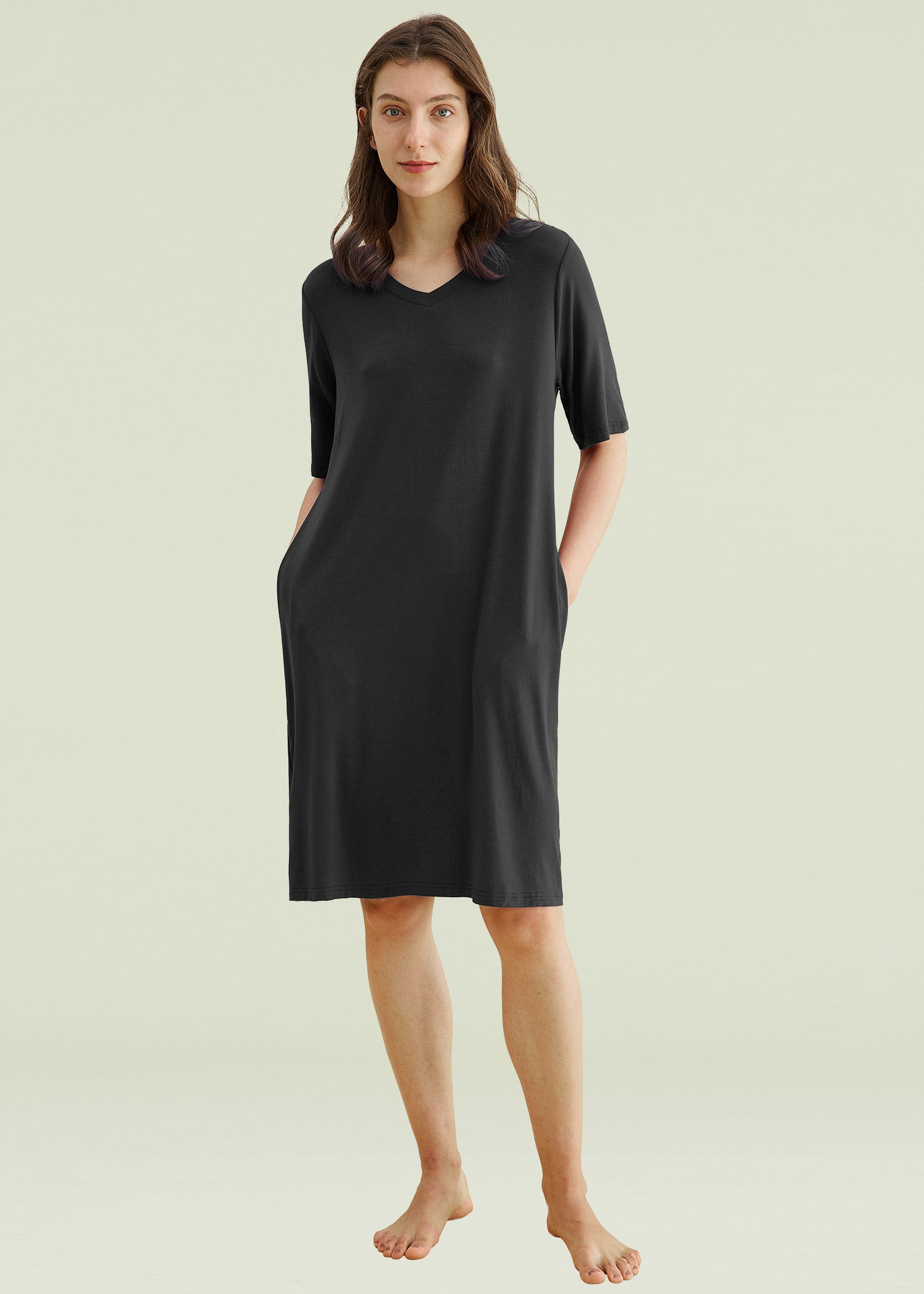 Comfortable Women's Bamboo Viscose Nightgown - Soft V-Neck Sleep Shirt with Pockets for Lounge & Sleep | Breathable & Eco-Friendly Pajama Dress for Women