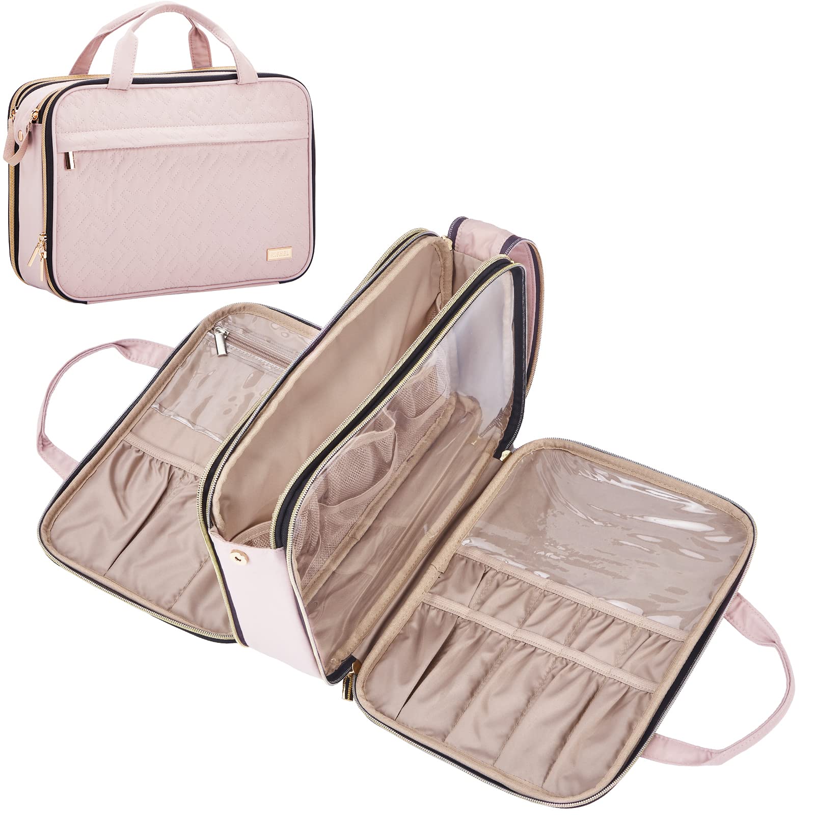 NISHEL Travel Toiletry Bag for Women - Waterproof Hanging Makeup Organizer with Multiple Pockets, Portable Cosmetic Bag for Toiletries & Beauty Essentials (Pink) - Perfect for Air Travel, Camping & Gym Use