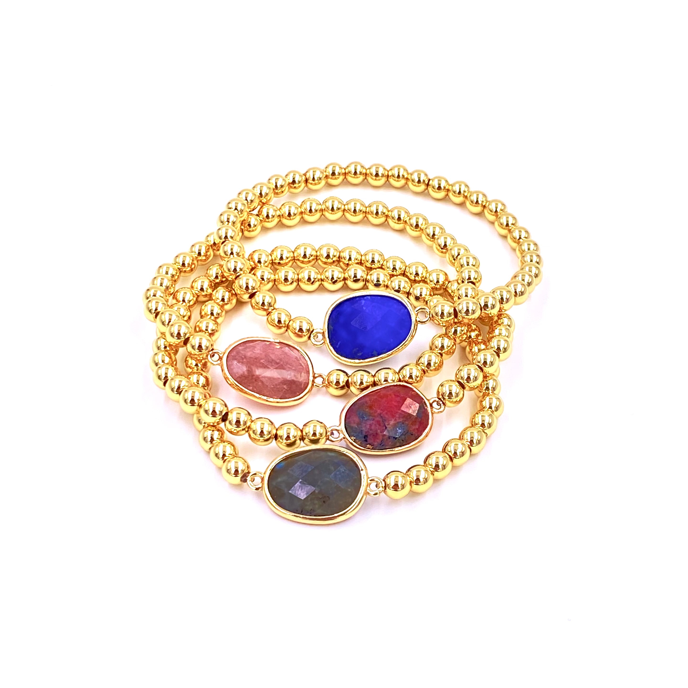 Ashley Gold Stainless Steel Gold Plated Beaded Stretch Bracelet with Semi-Precious Stone Centerpiece - Perfect for Women's Fashion, Gift Giving & Special Occasions