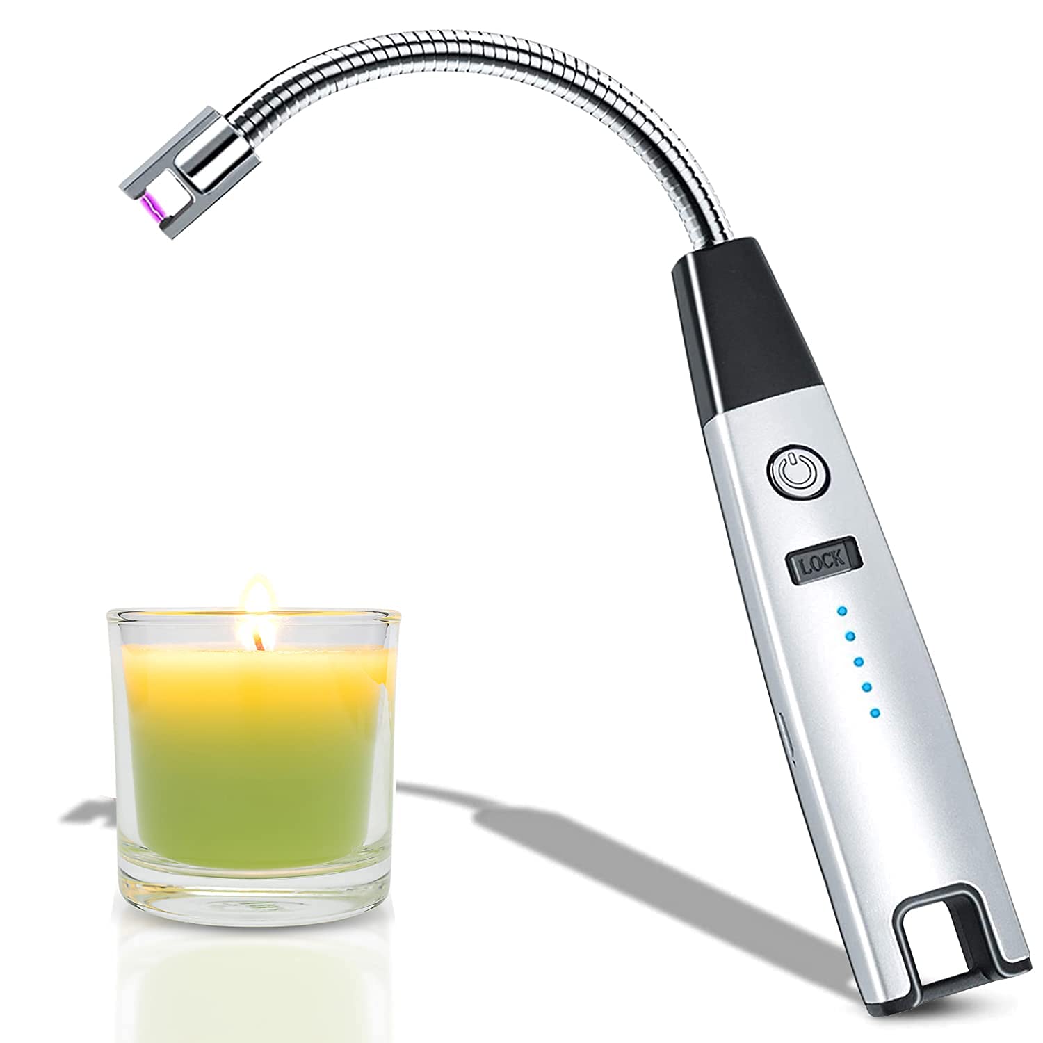 Rechargeable USB Candle Lighter with LED Battery Display & Safety Switch - 360° Flexible Neck Windproof Lighter for Outdoor Candles, Fireplaces, BBQs & Camping (Silver)