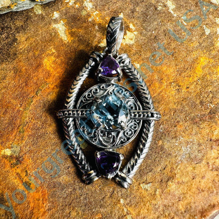 Vintage Sterling Silver Pendant with Blue Topaz & Amethyst Gemstones - Elegant Jewelry Gift for Women, Perfect for Birthdays, Anniversaries & Special Occasions