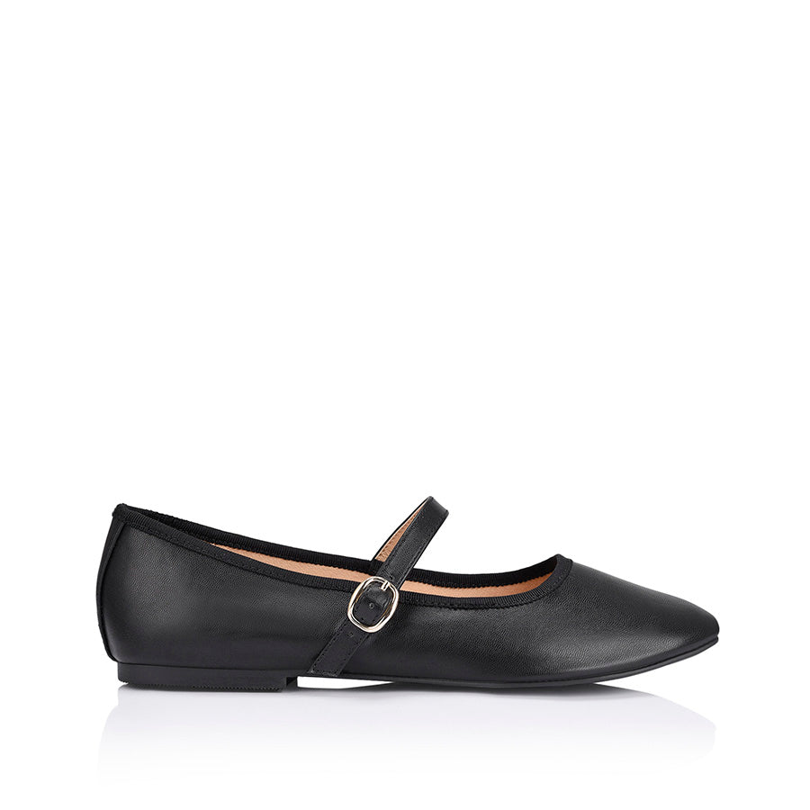 Bambi Mary Jane Flats for Women - Black Smooth Leather Comfortable Ballet Shoes for Work, Office & Casual Wear
