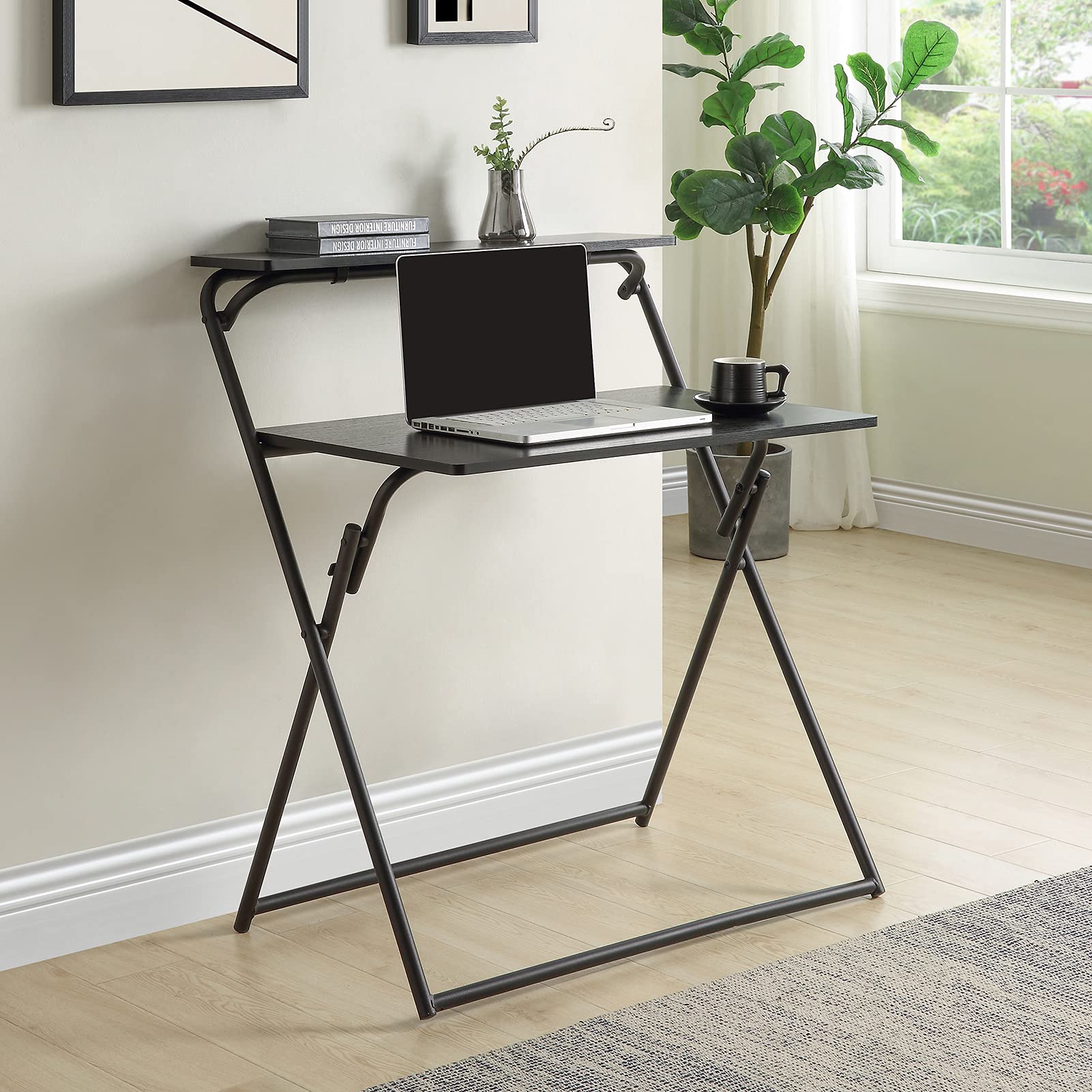 VEAREAR Folding Computer Desk for Small Spaces - Compact Home Office Desk with Storage Shelves, Foldable Laptop Table & Writing Desk for Study, Reading & Work (Black) | Perfect for Apartments, Dorms & Small Home Offices