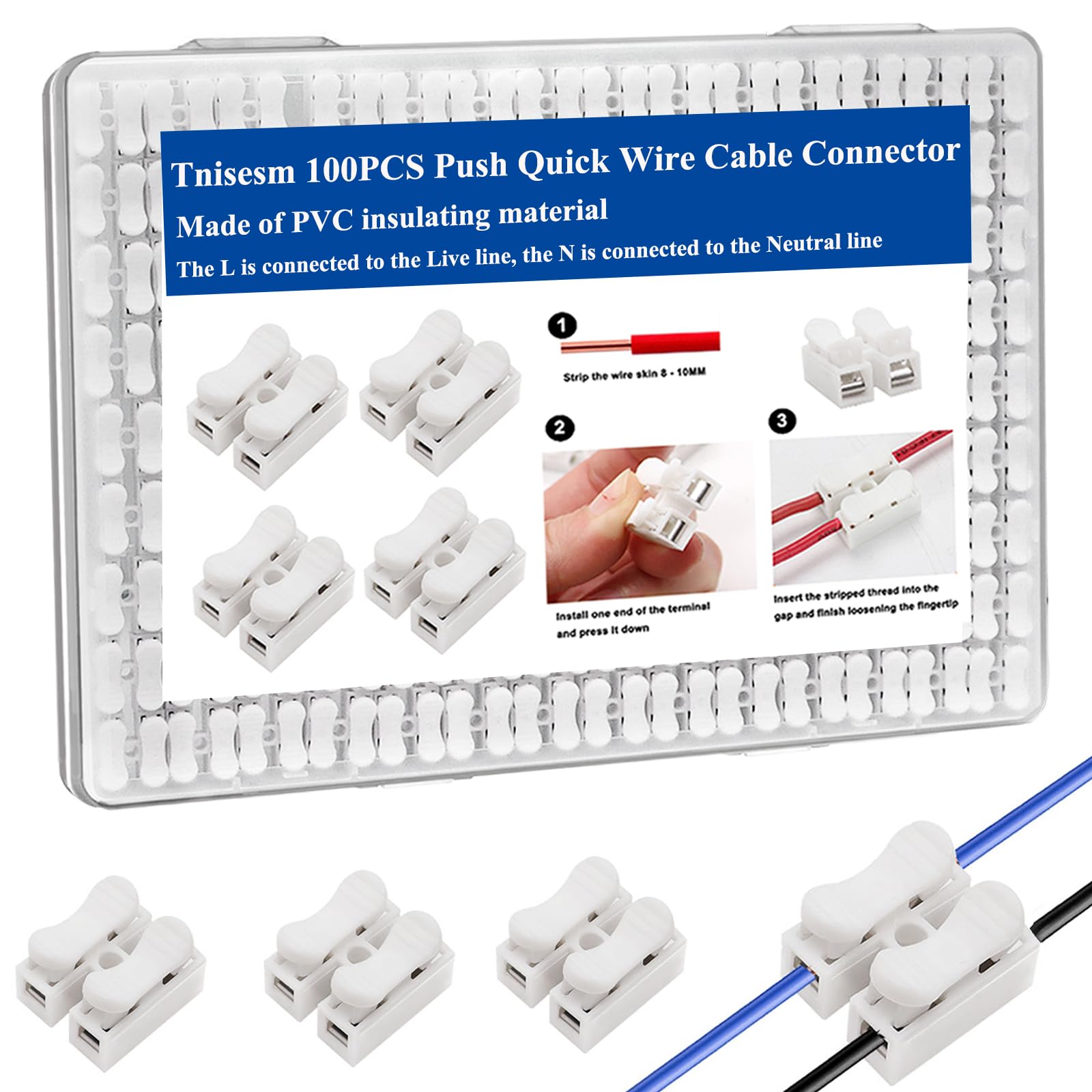 100Pcs Push-In Quick Wire Cable Connectors - White Spring Loaded Electrical Terminals for Home Lighting & Automotive Wiring - Easy DIY Installation for Light Fixtures, Switches & Car Electronics