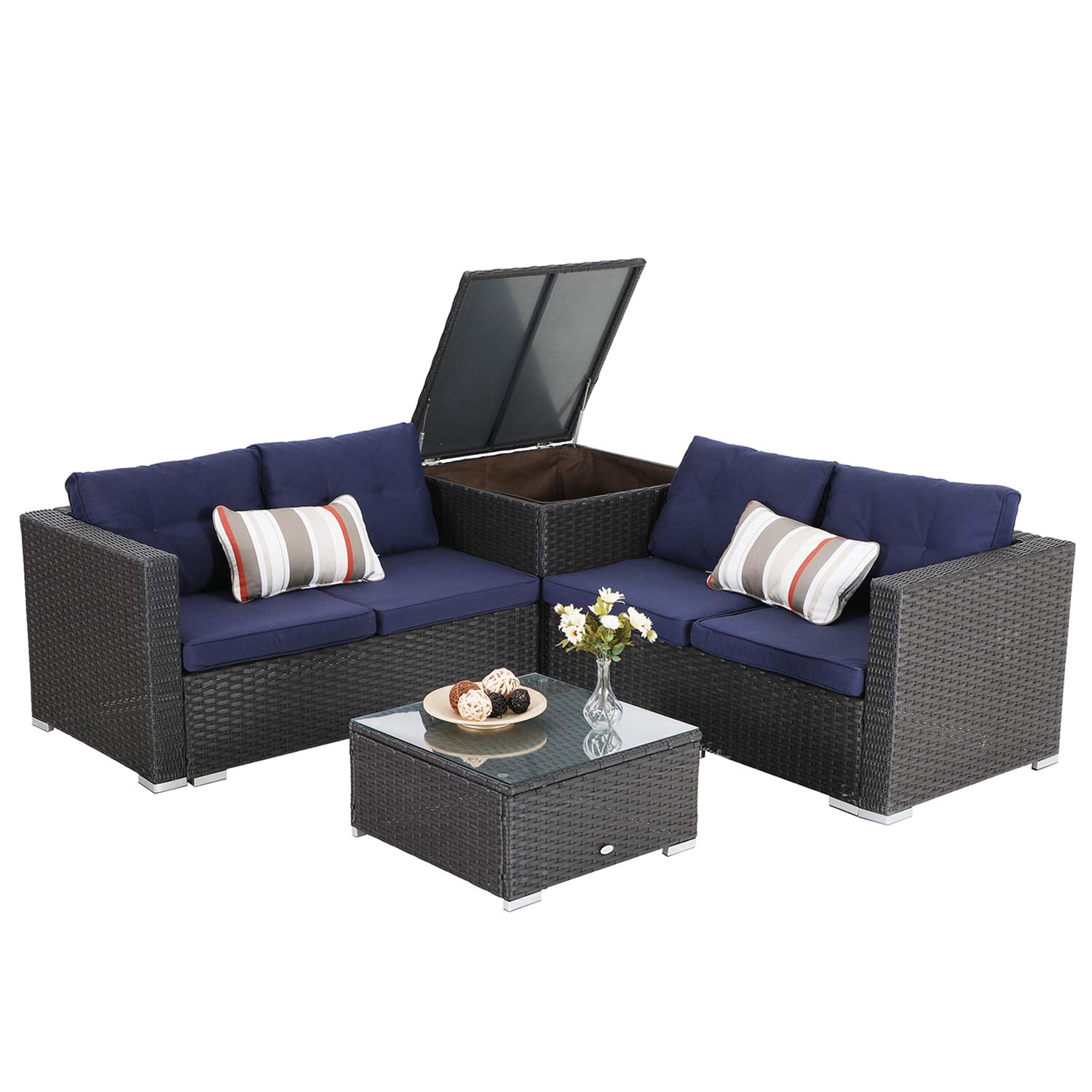Sophia & William 4-Piece Patio Furniture Set - Rattan Wicker Outdoor Sectional Sofa with Storage Box & Glass Table Top - Perfect for Backyard, Garden, and Poolside Relaxation