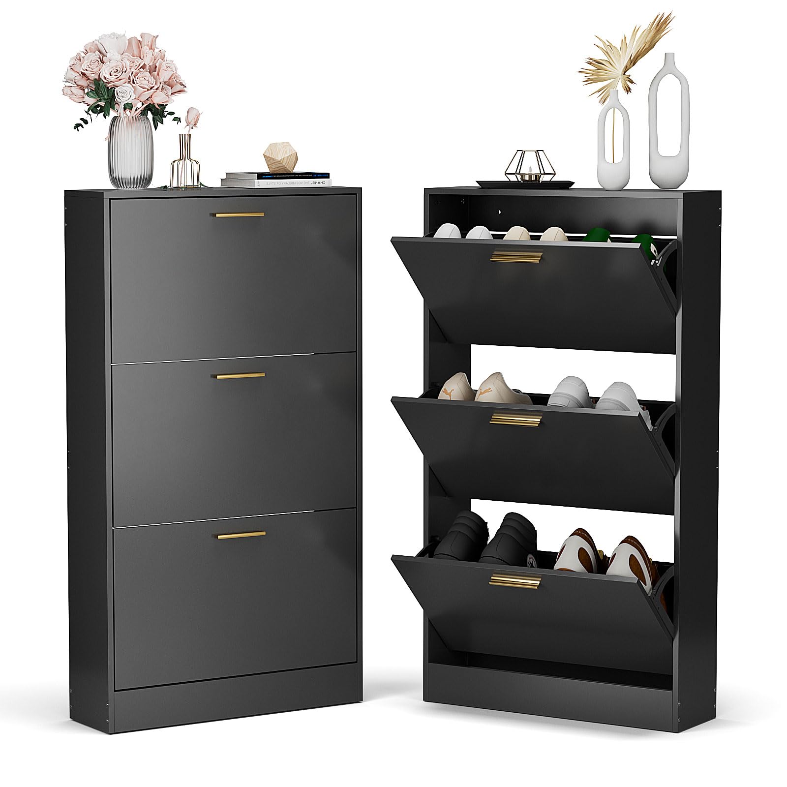 NOVAMAISON 3-Tier Flip Drawer Shoe Cabinet - Narrow Wooden Shoe Storage Organizer for Entryway, Hallway, Bedroom & Apartment - Space-Saving Hidden Shoe Rack (Black) | Perfect for Small Spaces & Clutter-Free Home Organization