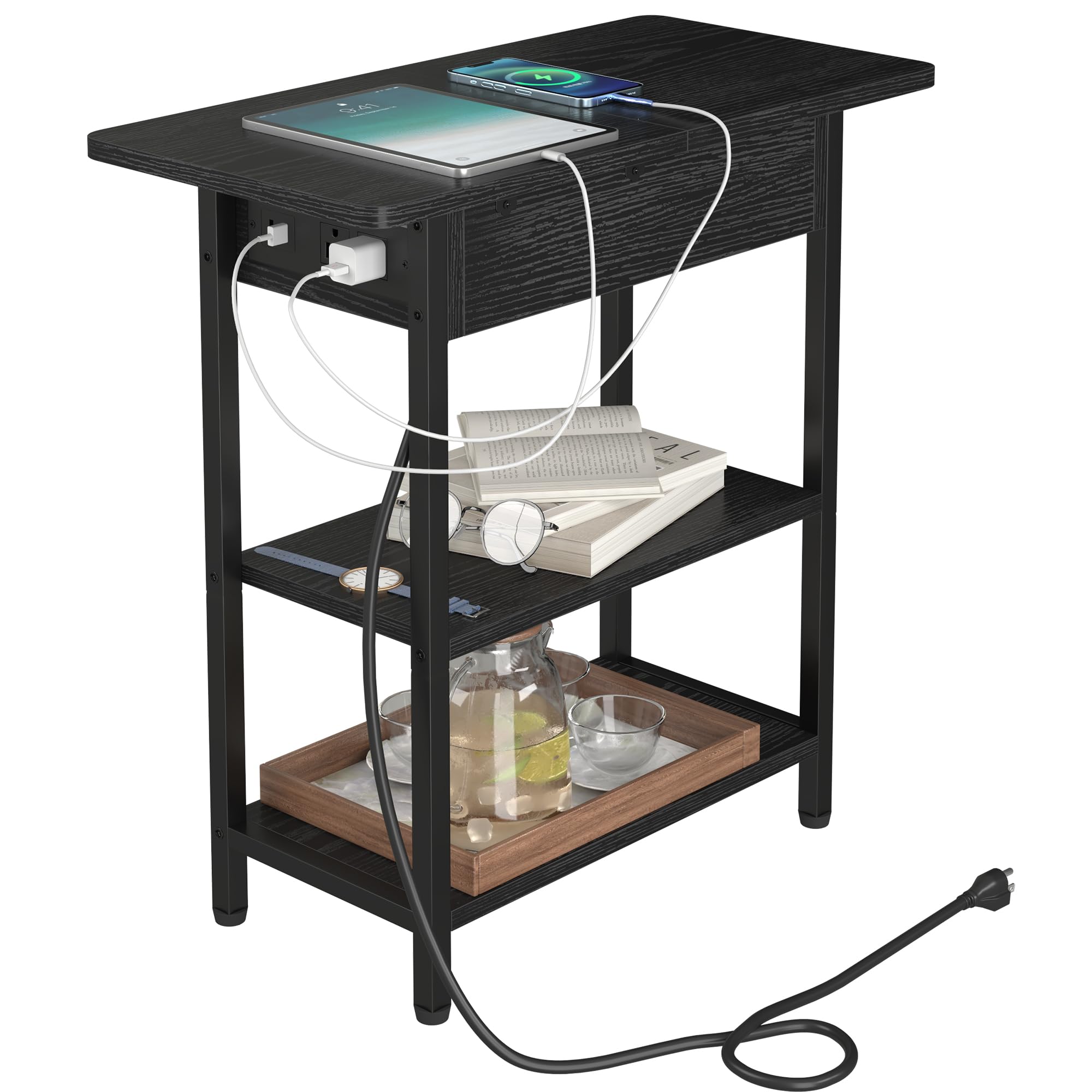 Yusong Narrow End Table with Charging Station - Slim Couch Side Table with USB Port & Outlet - Flip-top Nightstand with 3 Shelves - Space Saving Furniture for Living Room, Bedroom, Dorm - Black - Perfect for Small Spaces, Charging Devices & Organizing Essentials