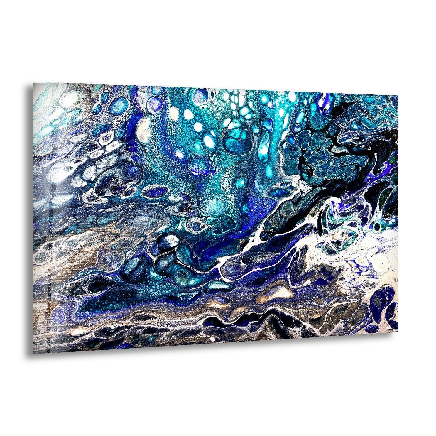 Turquoise Blue Alcohol Ink Glass Wall Art - Handmade Modern Abstract Home Decor for Living Room, Bedroom, Office