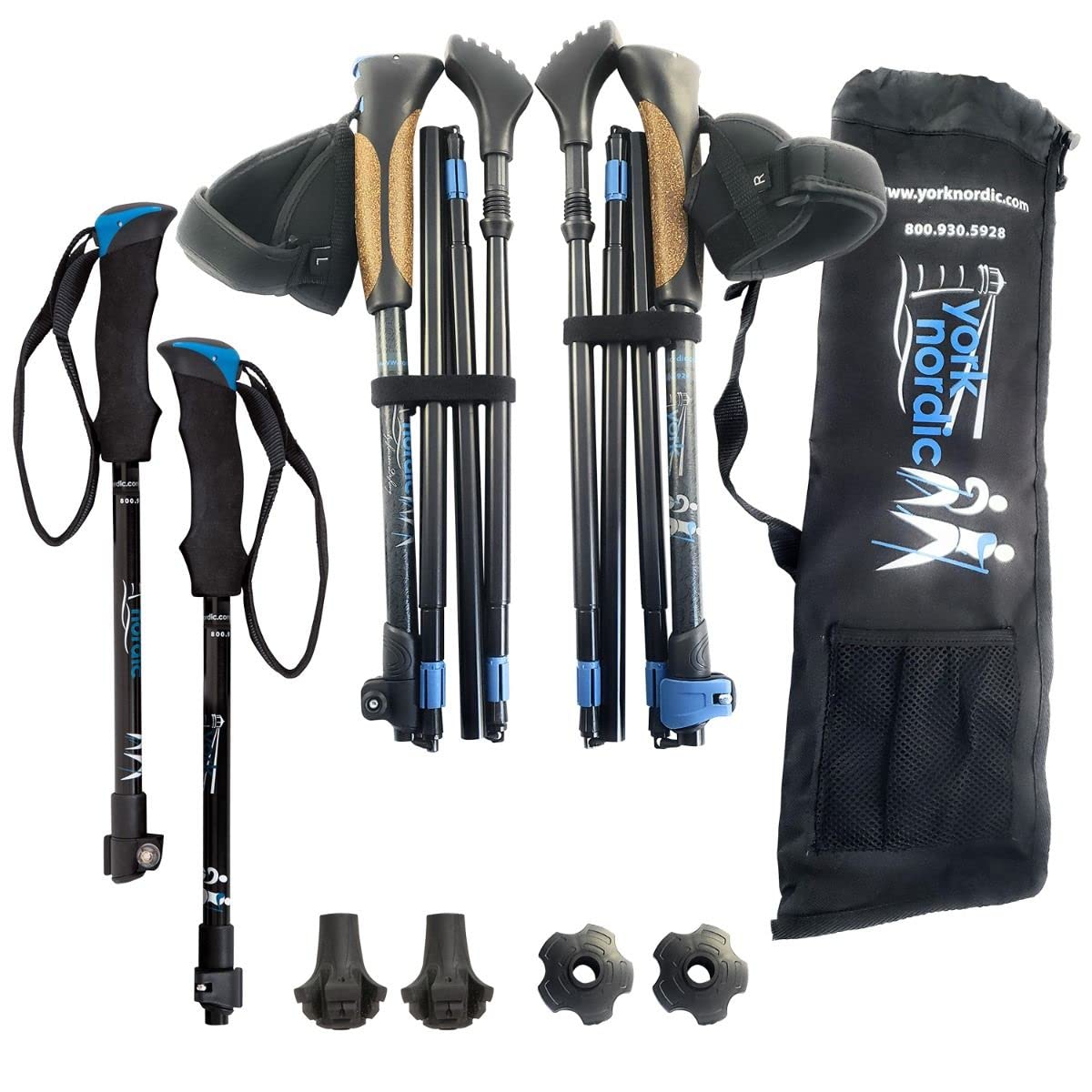 York Nordic Ultralight Folding Walking Poles - Adjustable Trekking Hiking Sticks with Rubber Tips & Mud Baskets - Compact Travel Hiking Gear for Backpacking, Trail Running & Outdoor Adventures