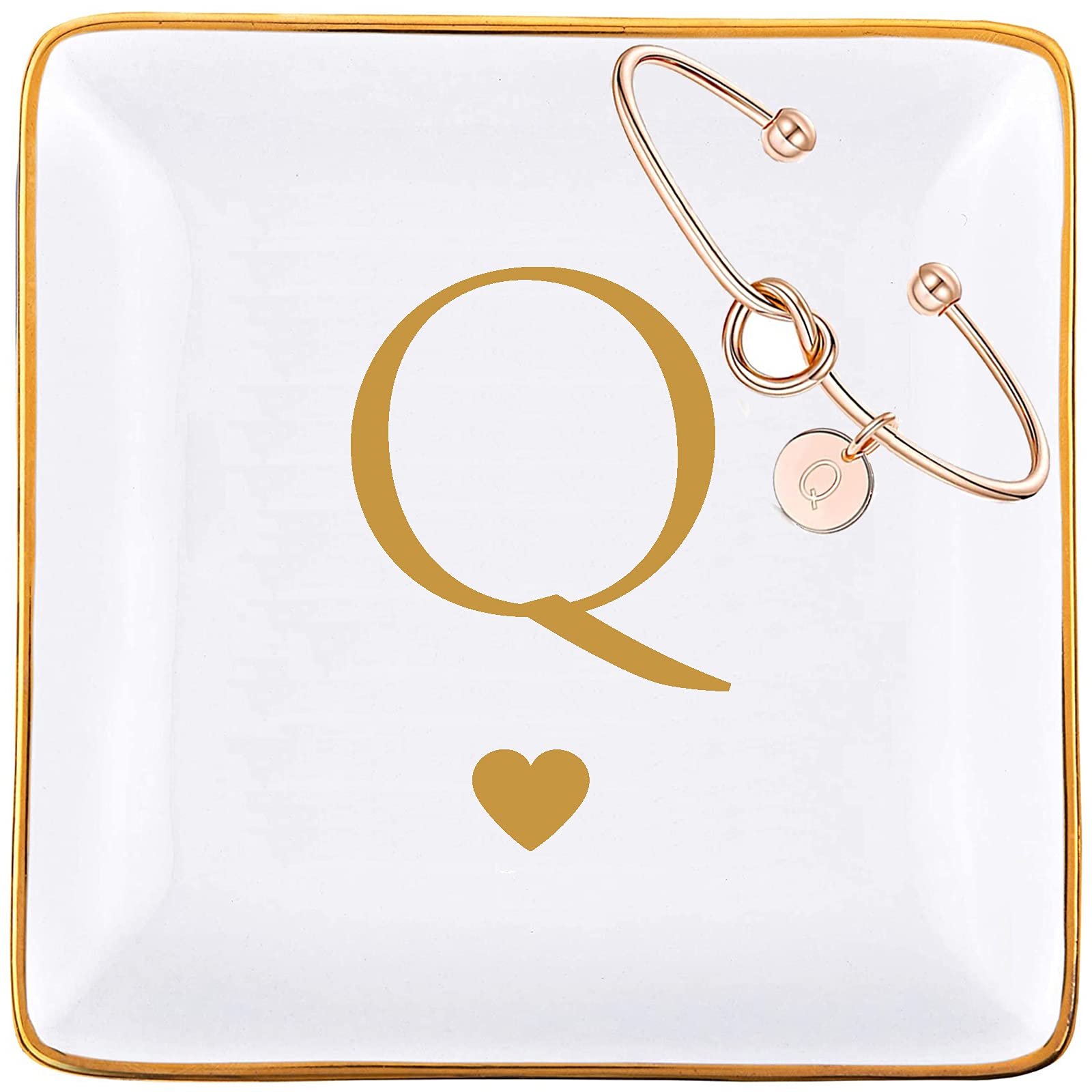 Personalized Ceramic Jewelry Tray & Rose Gold Initial Bracelet Gift Set for Women - Engraved Ring Dish, Key Bowl Holder with Gold Monogram - Perfect Birthday, Bridesmaid, Mother's Day Gift for Her, Mom, Grandma, Daughter, Sister (Letter Q) - Great for Jewelry Organization, Home Decor & Special Occasions