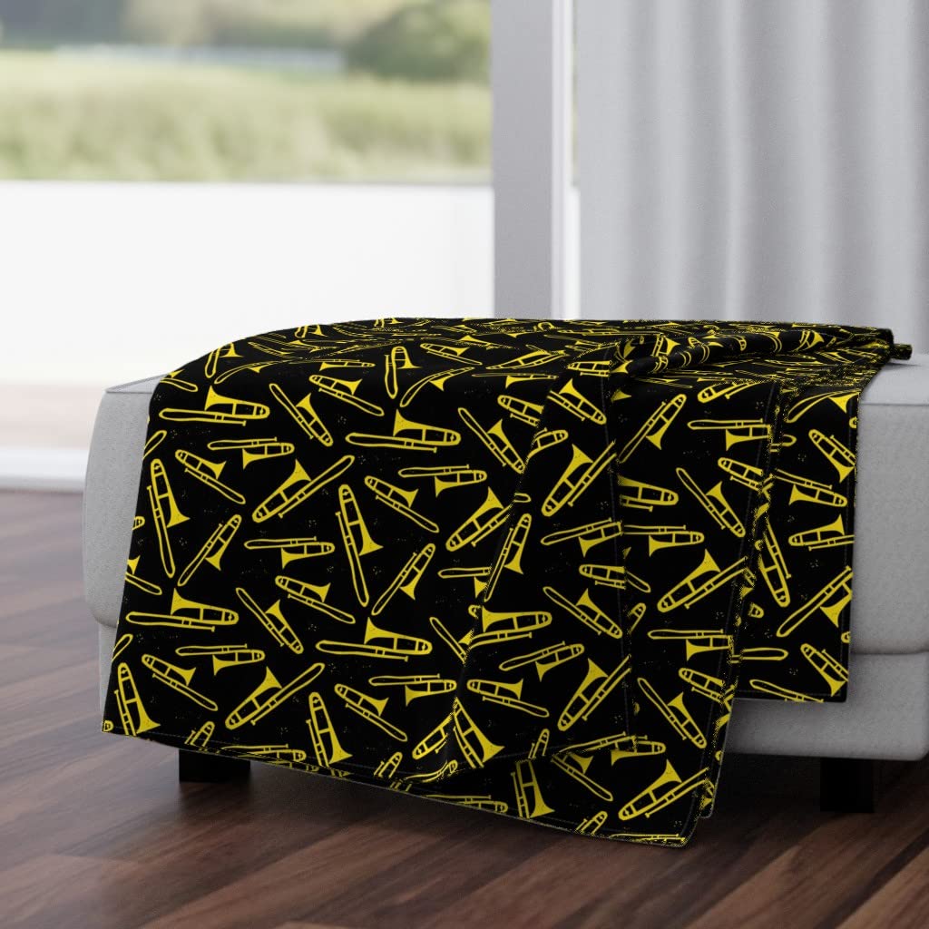 Soft Spoonflower Plush Minky Throw Blanket 50x70 Inches - Trombone Music Instrument Band Brass Black Design | Cozy Blanket for Home, Office, Gift & Music Lovers