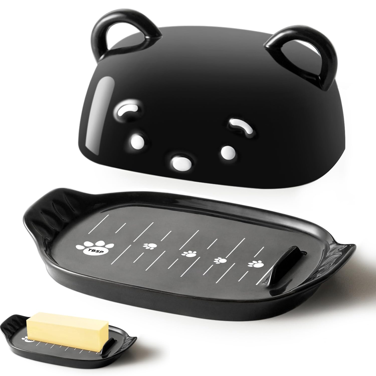Ceramic Bear Butter Dish with Lid - Large Cute Kitchen Decor for 2 Sticks Butter