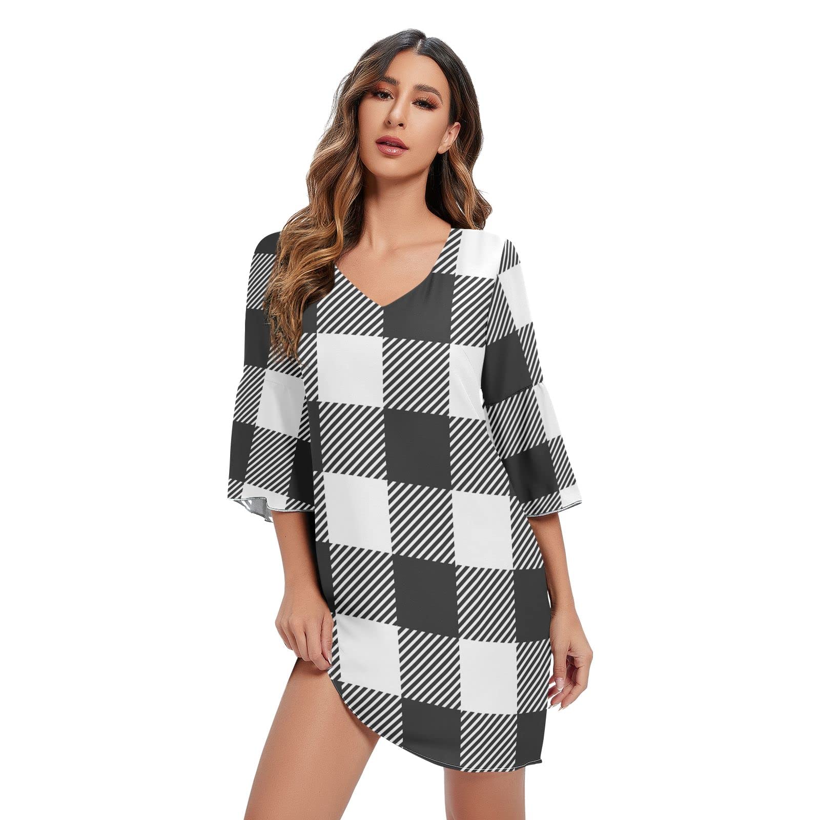 Black and White Buffalo Check Plaid Women's Short Sleeve V-Neck Ruffle Sundress - Chiffon Summer Dress Size S (20405769) | Perfect for Beach Vacations, Picnics, and Casual Outings