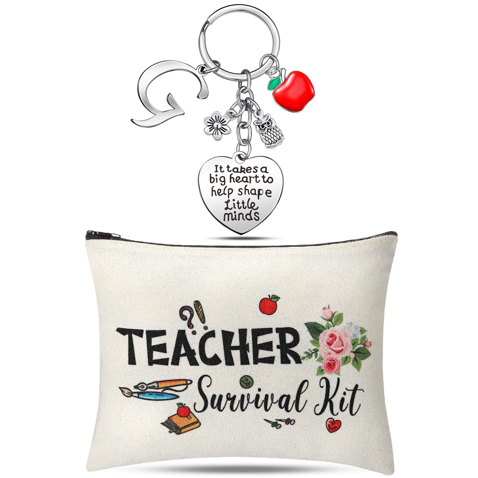 Personalized Teacher Appreciation Gift Set - Custom Initial Keychain & Thank You Makeup Pouch Bag (G Style) | Perfect for End of Year, Christmas, Teacher's Day & Retirement Gifts