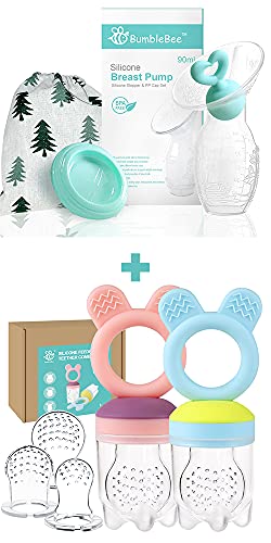 BumbleBee Manual Breast Pump - Silicone Breastfeeding Pump & Baby Fruit Feeder Teether Set - Portable & Comfortable for Nursing Moms - Perfect for Travel, Work, and On-the-Go Feeding
