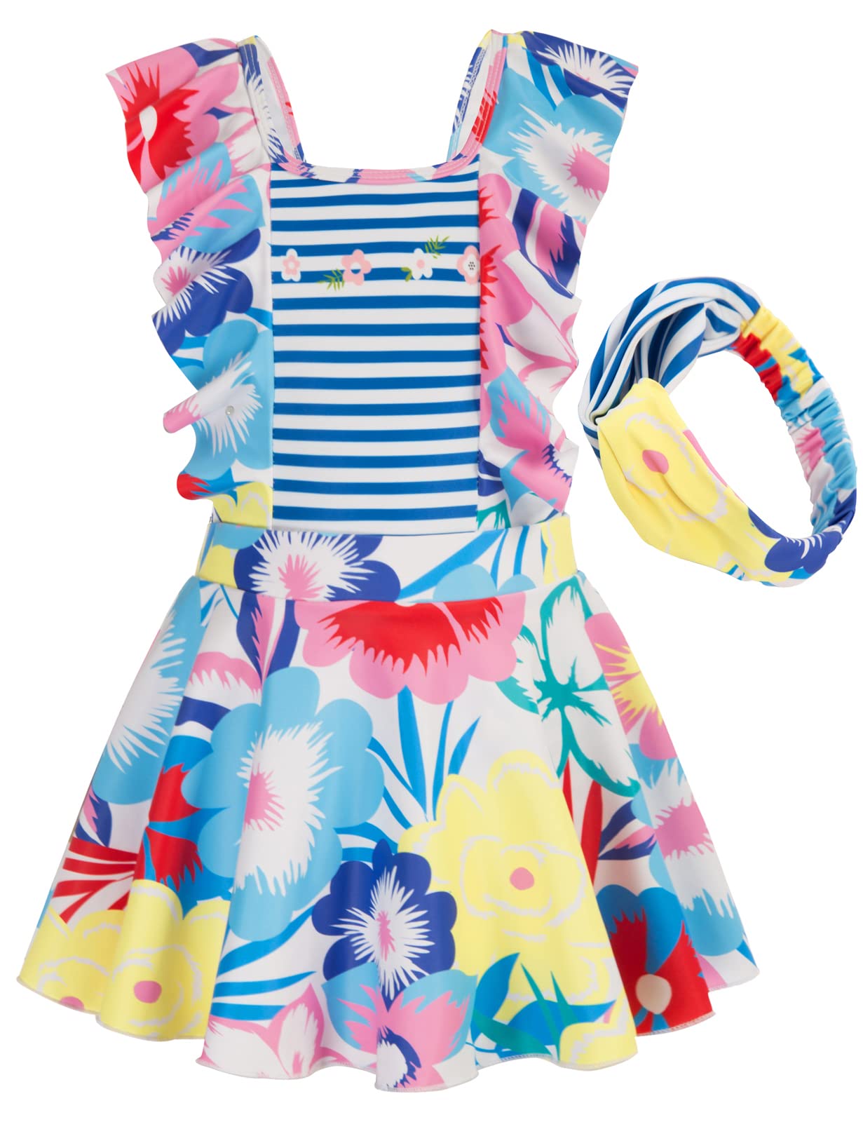 Girls One Piece Swimsuits with Ruffle & Floral Print - Swim Dress with Matching Headband for Beach, Pool & Summer Vacation