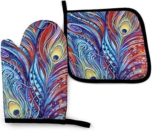 Peacock Feather Oven Mitts and Pot Holders Set of 2 - Heat Resistant Kitchen Gloves for Cooking, Baking, Grilling - Stylish and Functional Kitchen Accessories for Home Chefs