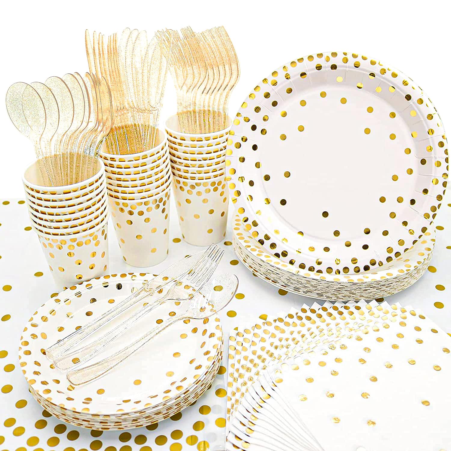 Hapray 24-Piece Gold Party Supplies Set - Disposable Paper Plates, Napkins, Cups, Cutlery & Tablecloth for Baby Shower, Birthday, Wedding & Baptism Decorations - Elegant Tableware for Special Occasions
