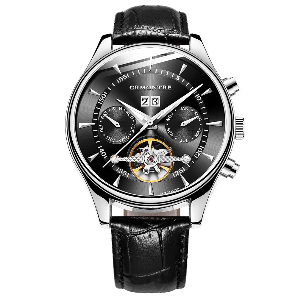 GRMONTRE Luxury Skeleton Automatic Mechanical Watch for Men - Waterproof Leather Strap Wristwatch - Perfect for Business, Formal Events & Everyday Wear